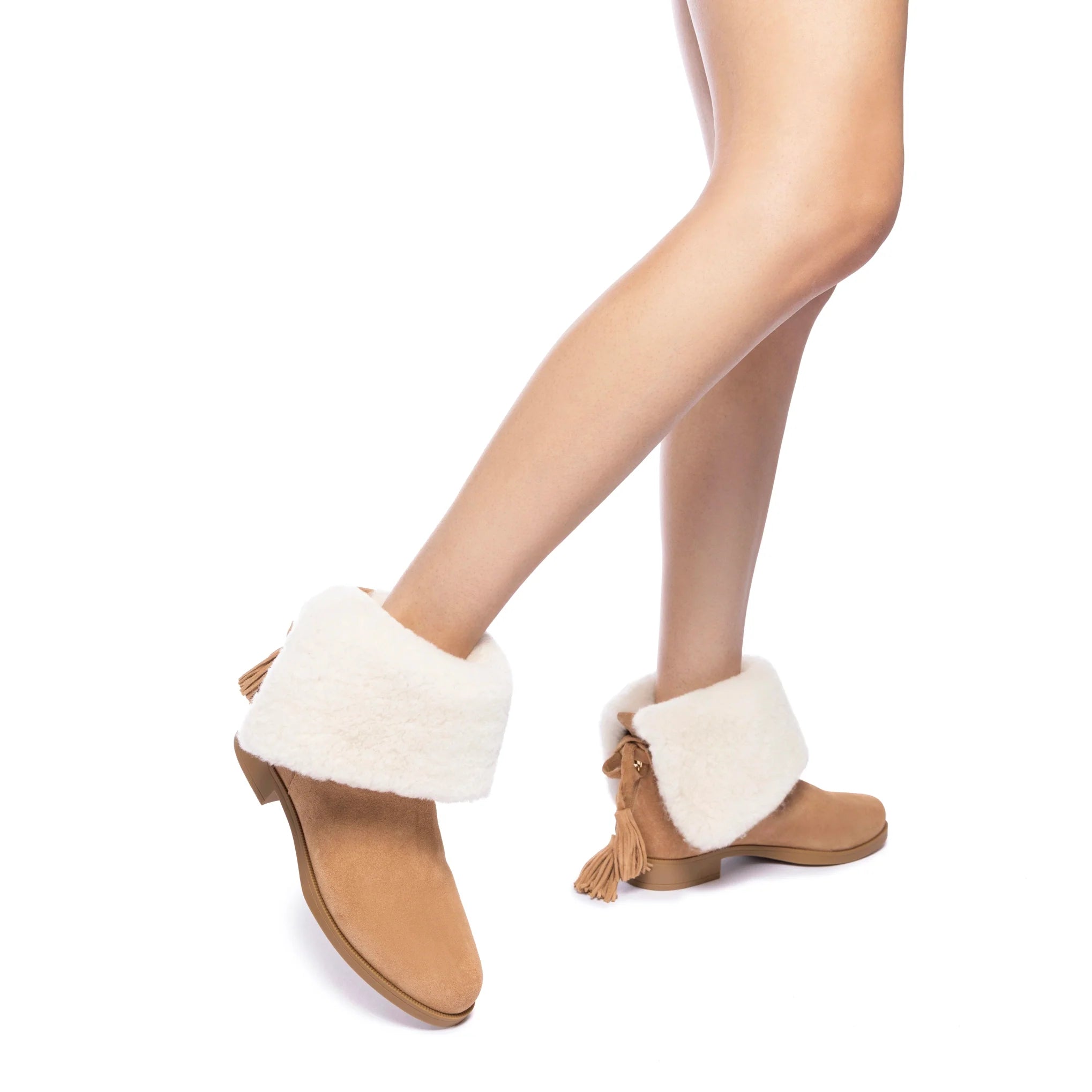 Verbier Bootie In Peanut Suede and Natural Shearling by Larroudé