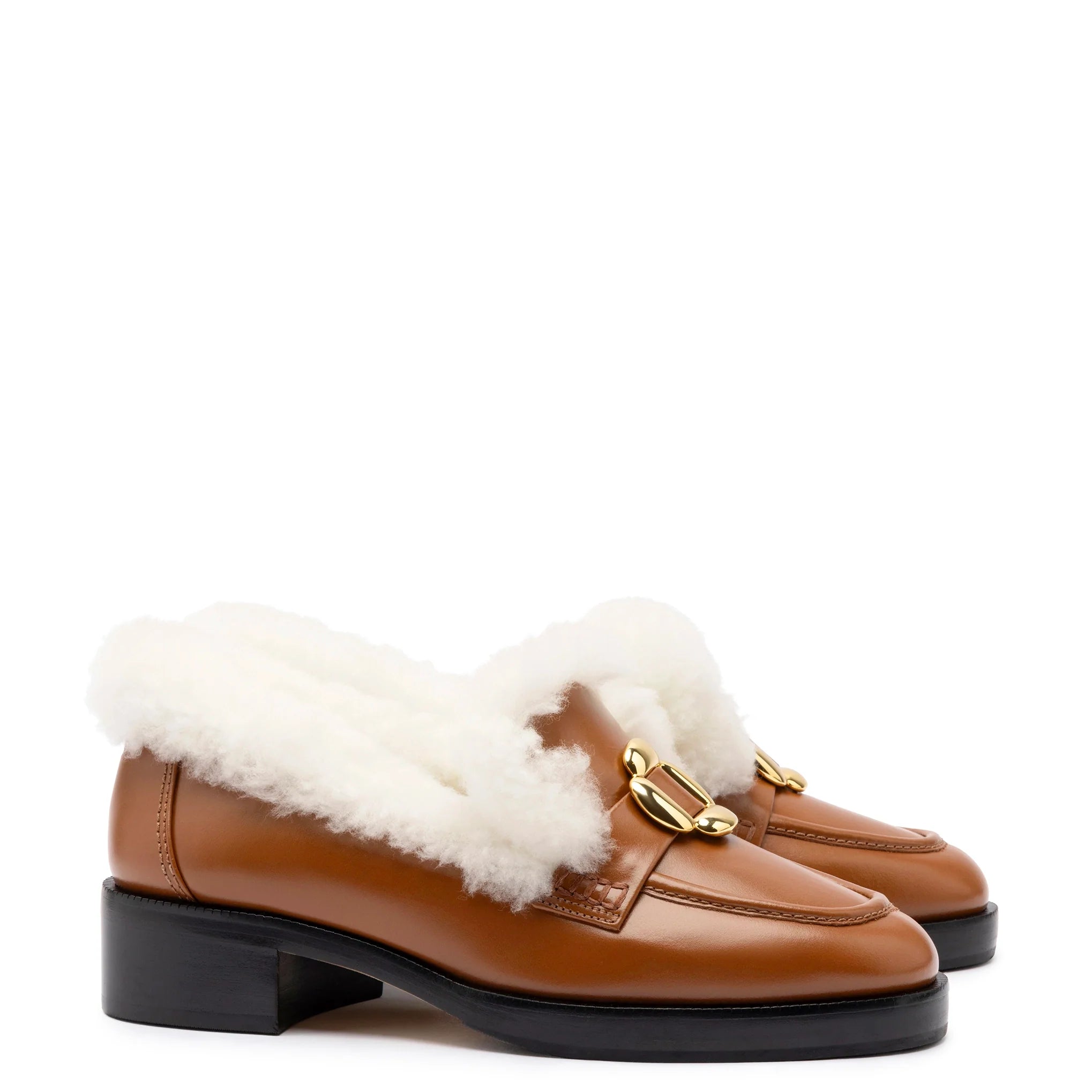 Bobbie Loafer In Caramel Leather and Natural Shearling by Larroudé