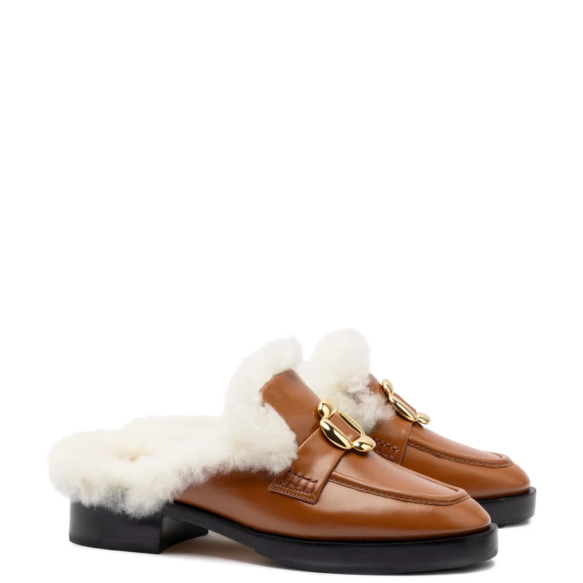 Bobbie Mule In Caramel Leather and Natural Shearling by Larroudé