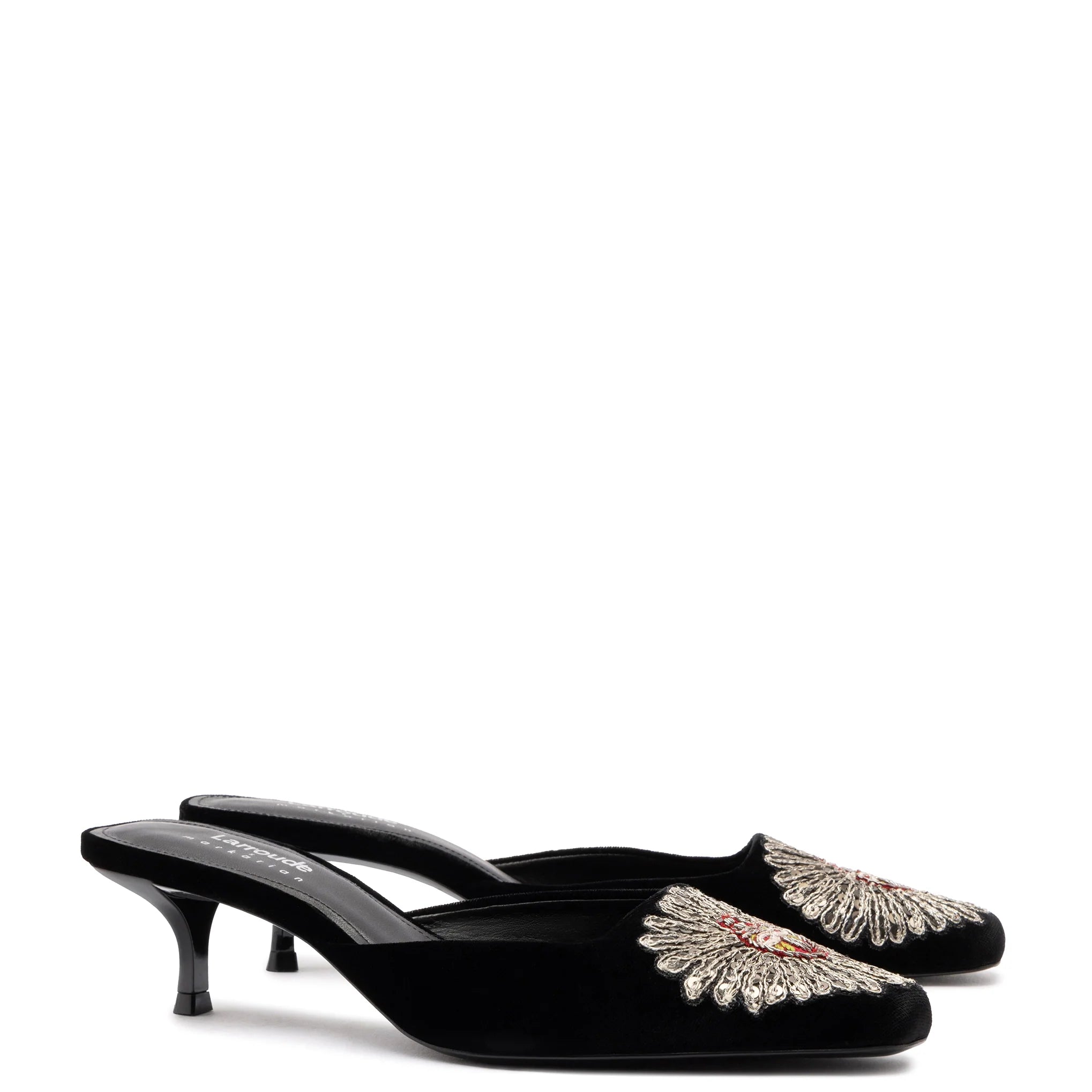 Larroudé x Markarian Mule In Black Velvet and Heart Embroidery by Larroudé