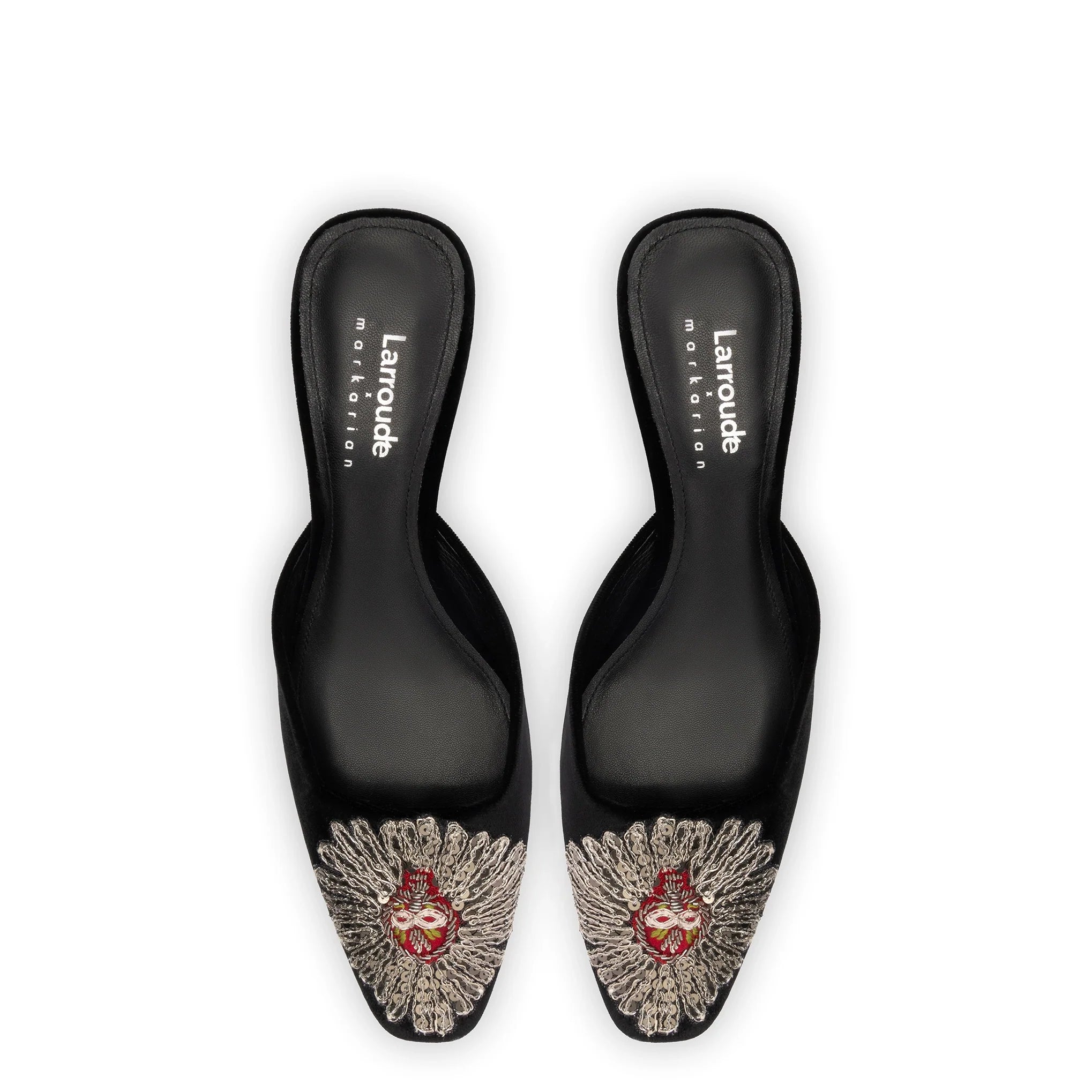 Larroudé x Markarian Mule In Black Velvet and Heart Embroidery by Larroudé