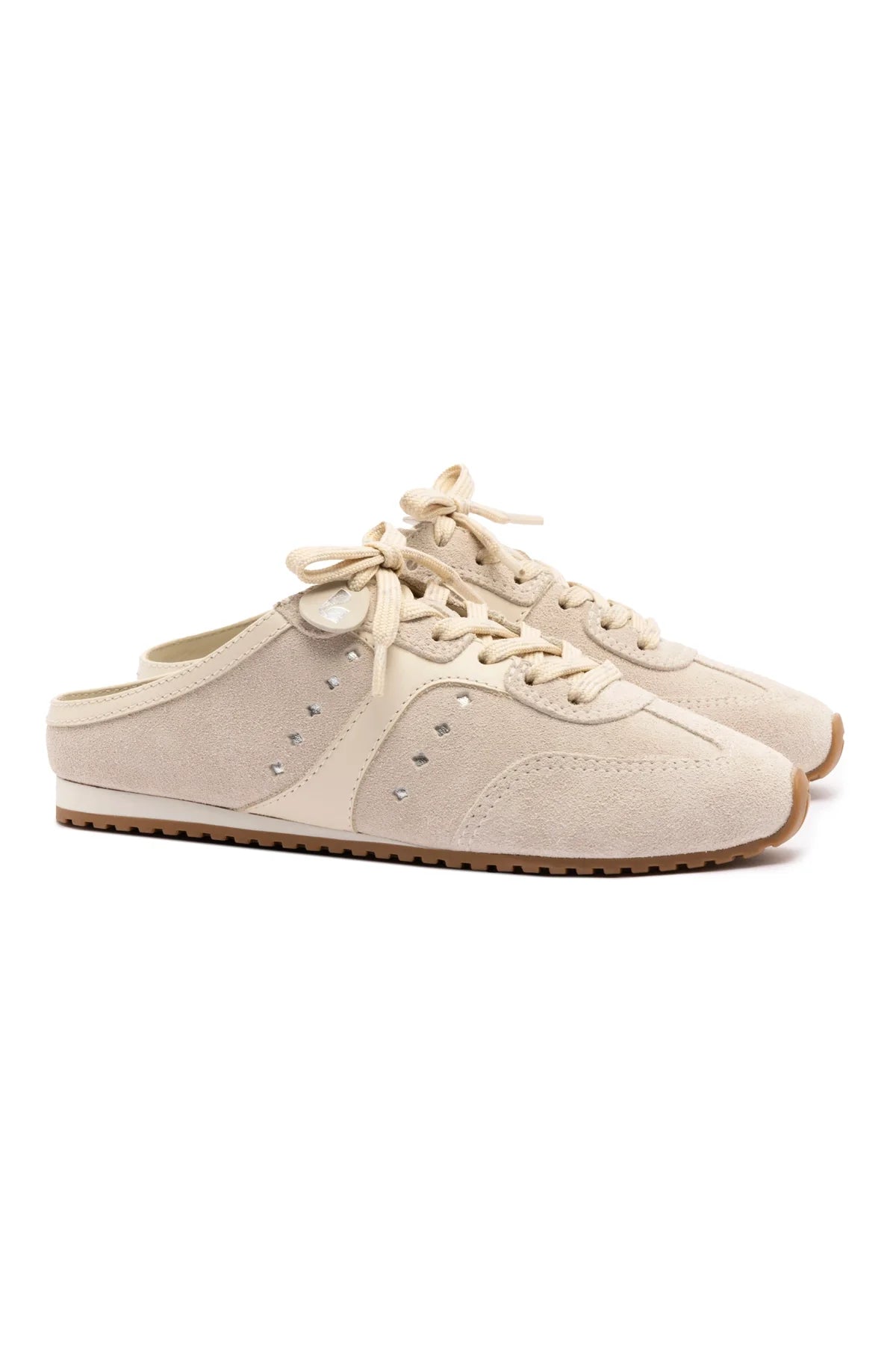 Stella Mule In Mushroom Grey Suede and Ivory Leather by Larroudé