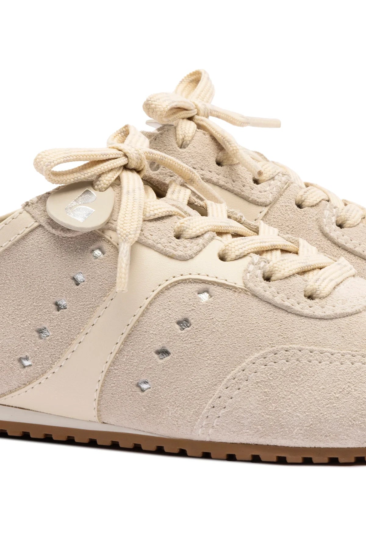 Stella Mule In Mushroom Grey Suede and Ivory Leather by Larroudé