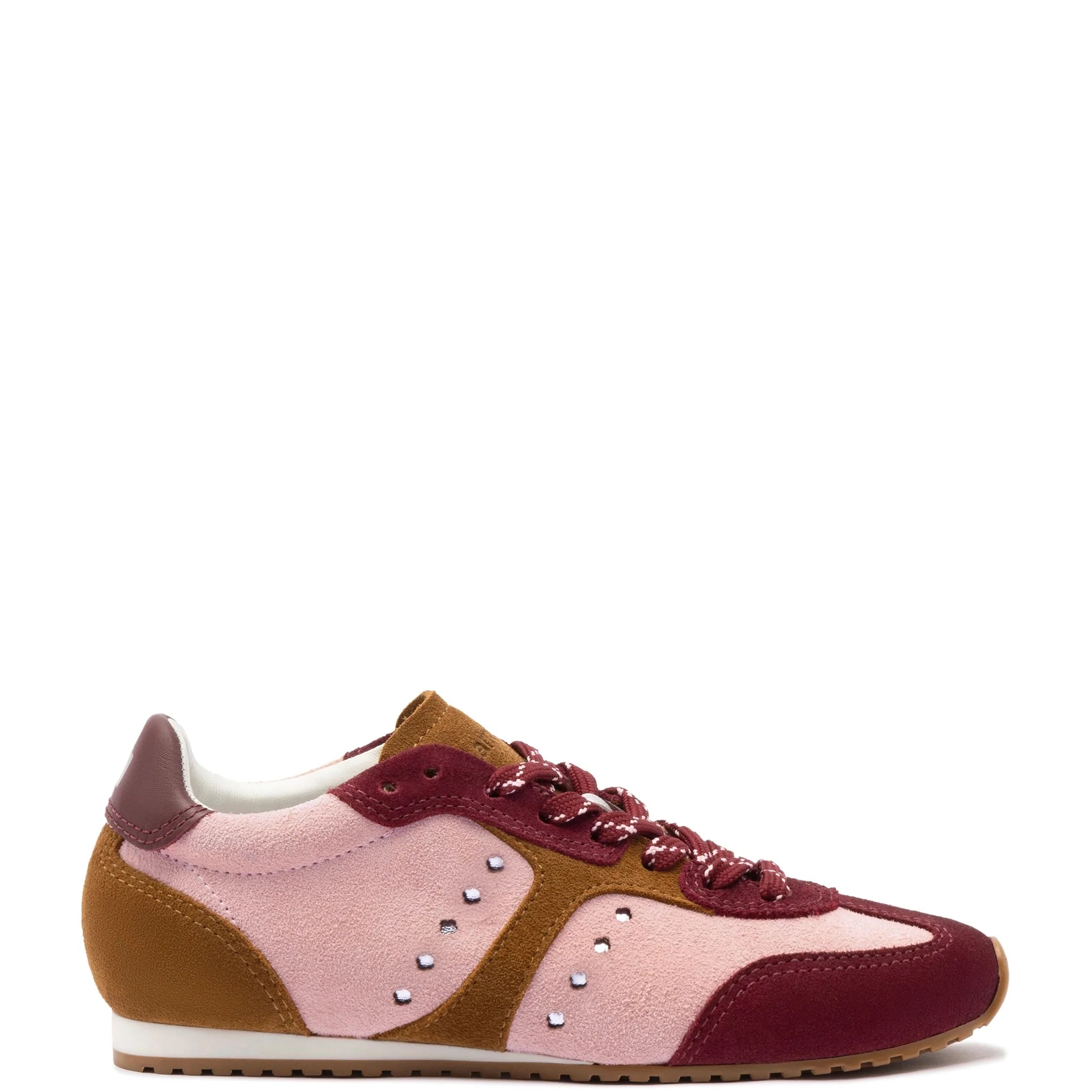 Stella Sneaker In Tulip, Russet and Wine Suede and Silver Metallic Leather by Larroudé