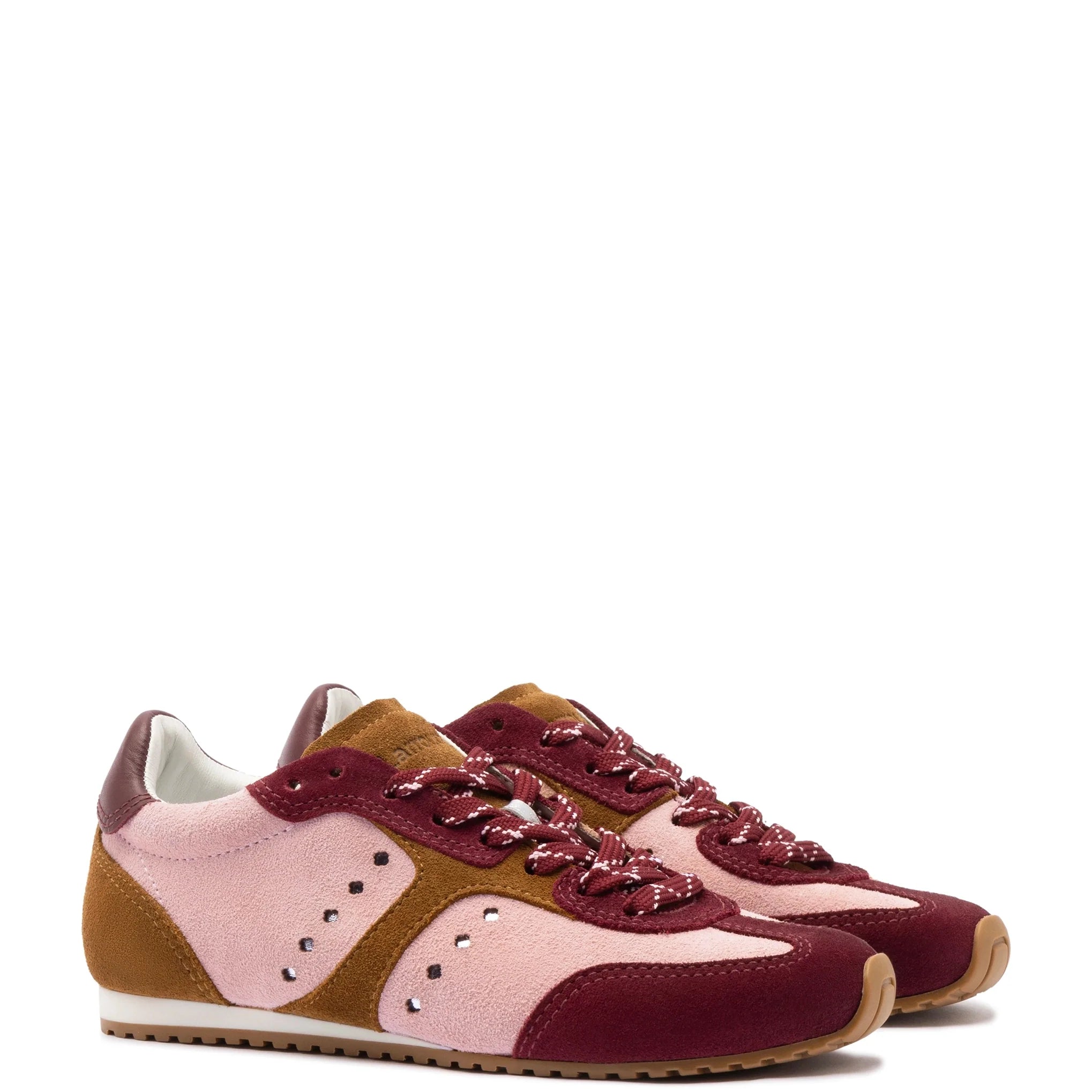 Stella Sneaker In Tulip, Russet and Wine Suede and Silver Metallic Leather by Larroudé