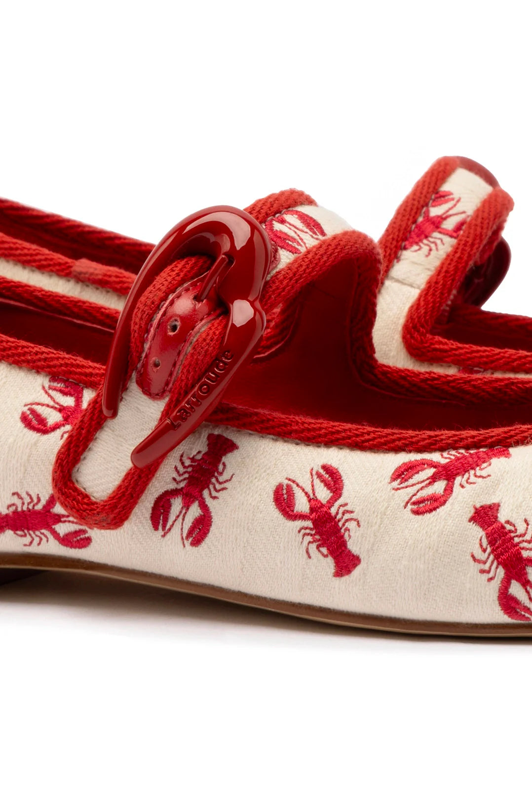 Verona Ballet Flat In White Striped Fabric and Lobster Embroidery by Larroudé