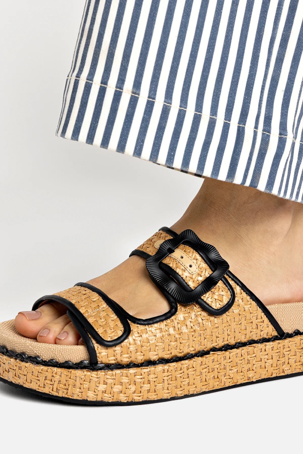 Maui Slide In Tapestry Natural Raffia and Black Trimming by Larroudé