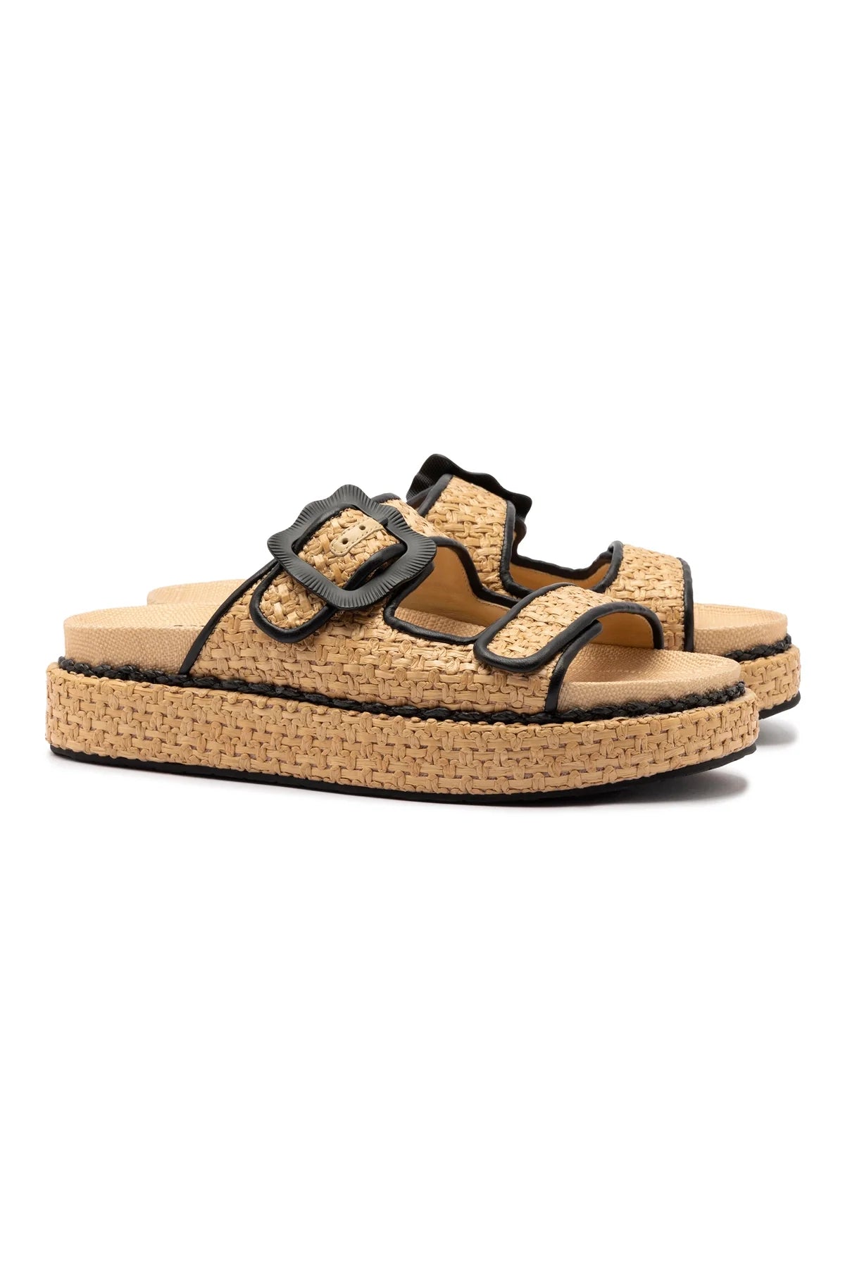 Maui Slide In Tapestry Natural Raffia and Black Trimming by Larroudé