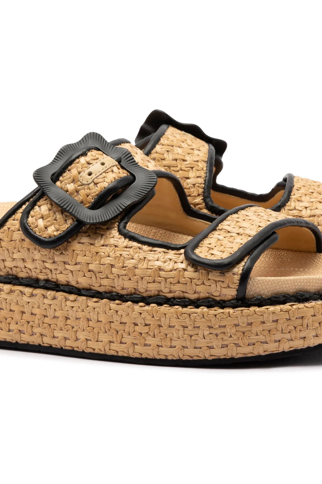 Maui Slide In Tapestry Natural Raffia and Black Trimming by Larroudé