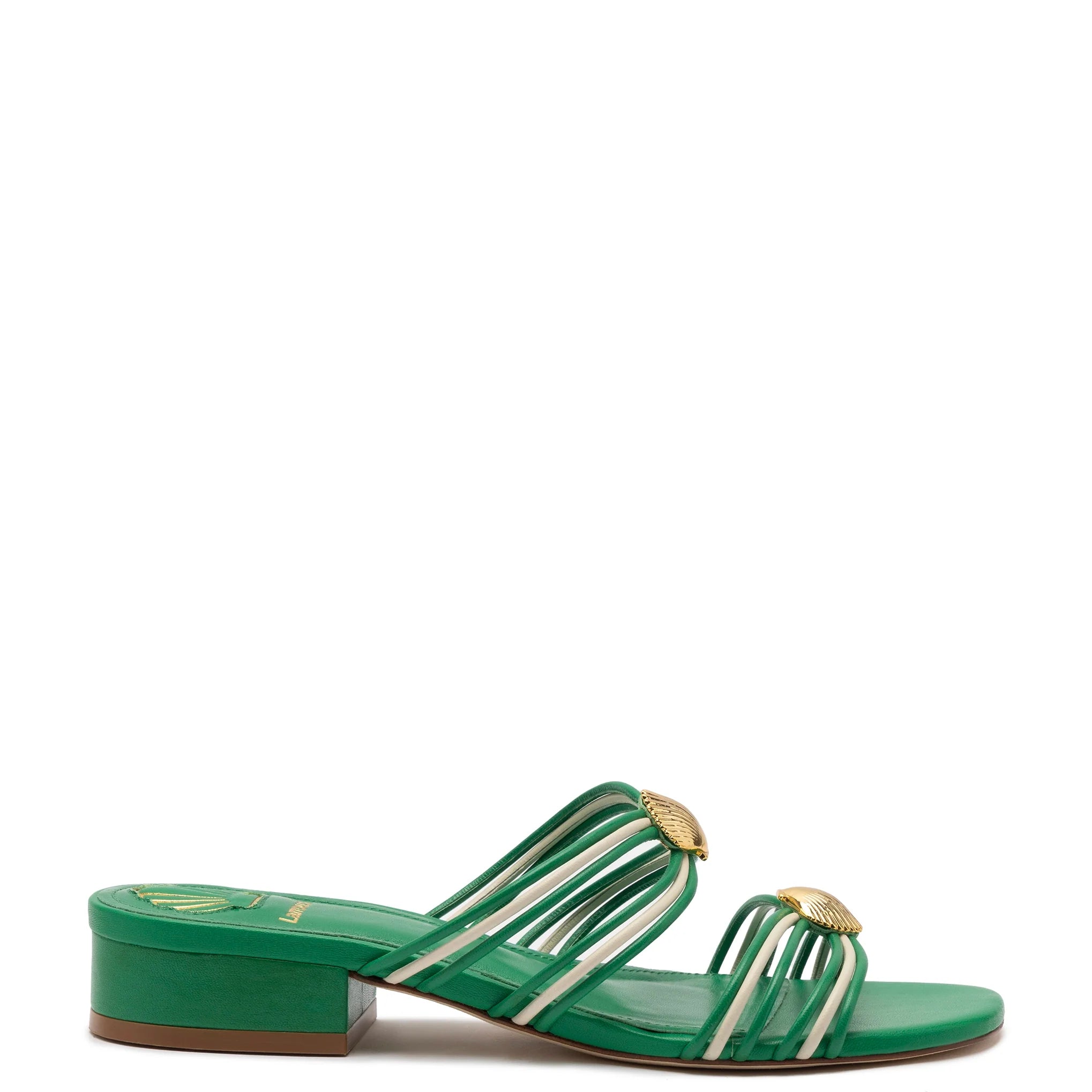 Shelly Flat Mule In Evergreen and Ivory Leather by Larroudé