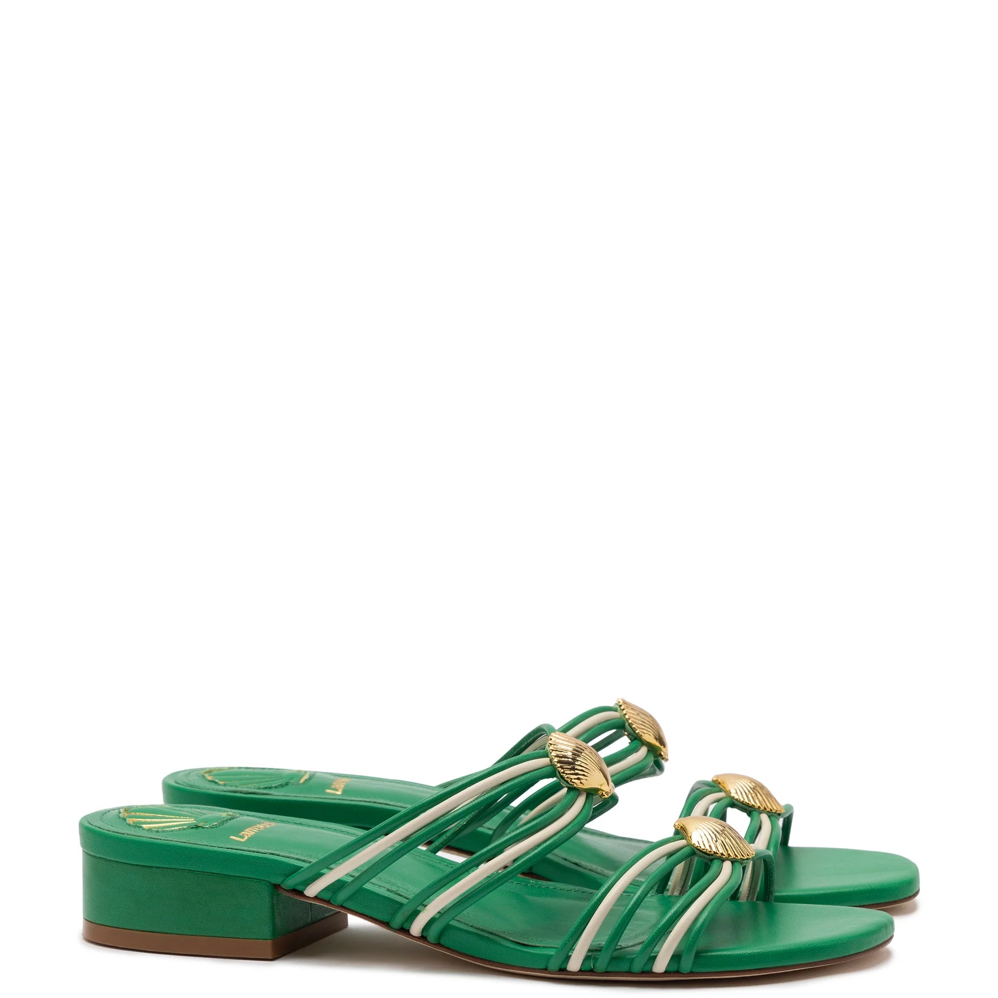 Shelly Flat Mule In Evergreen and Ivory Leather by Larroudé