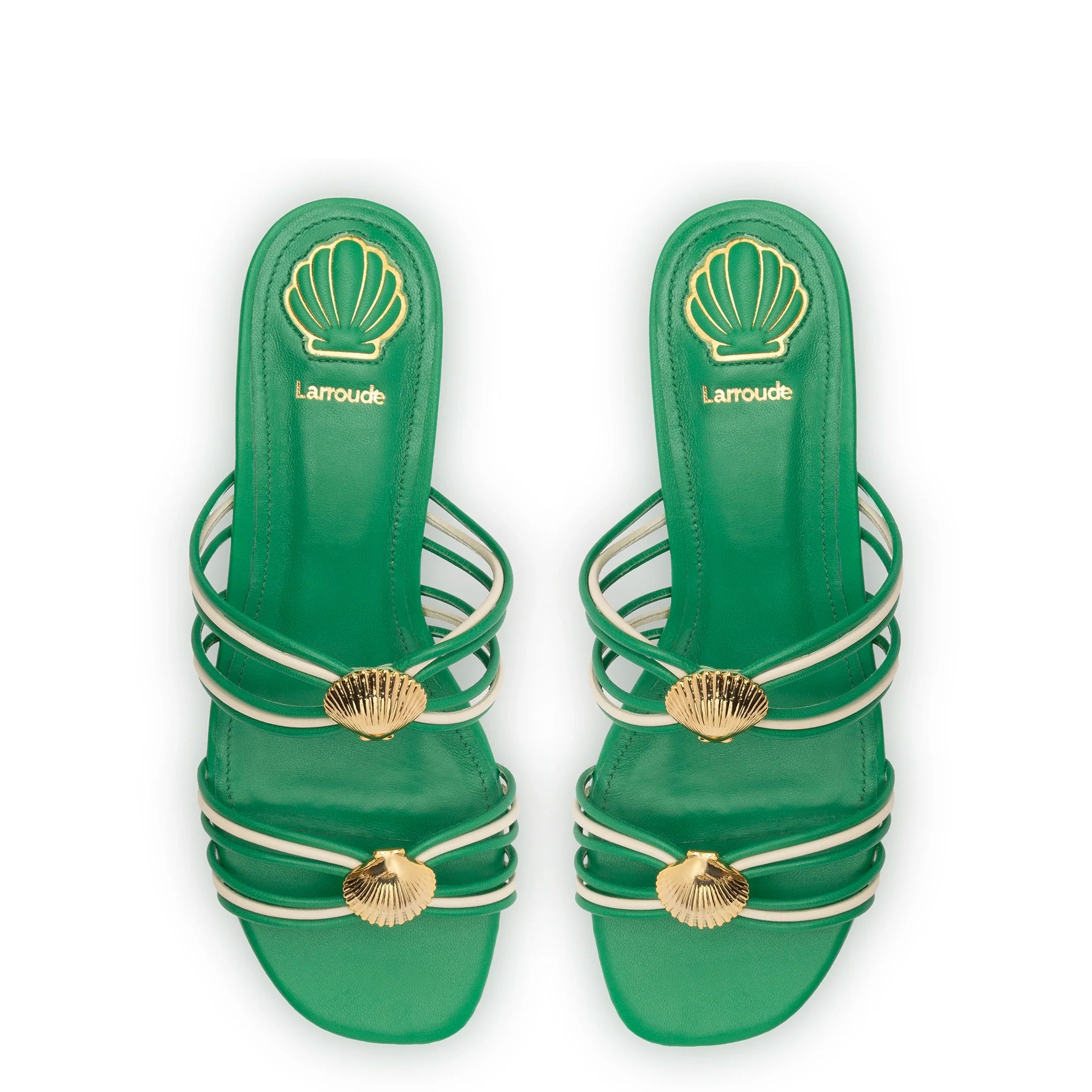 Shelly Flat Mule In Evergreen and Ivory Leather by Larroudé