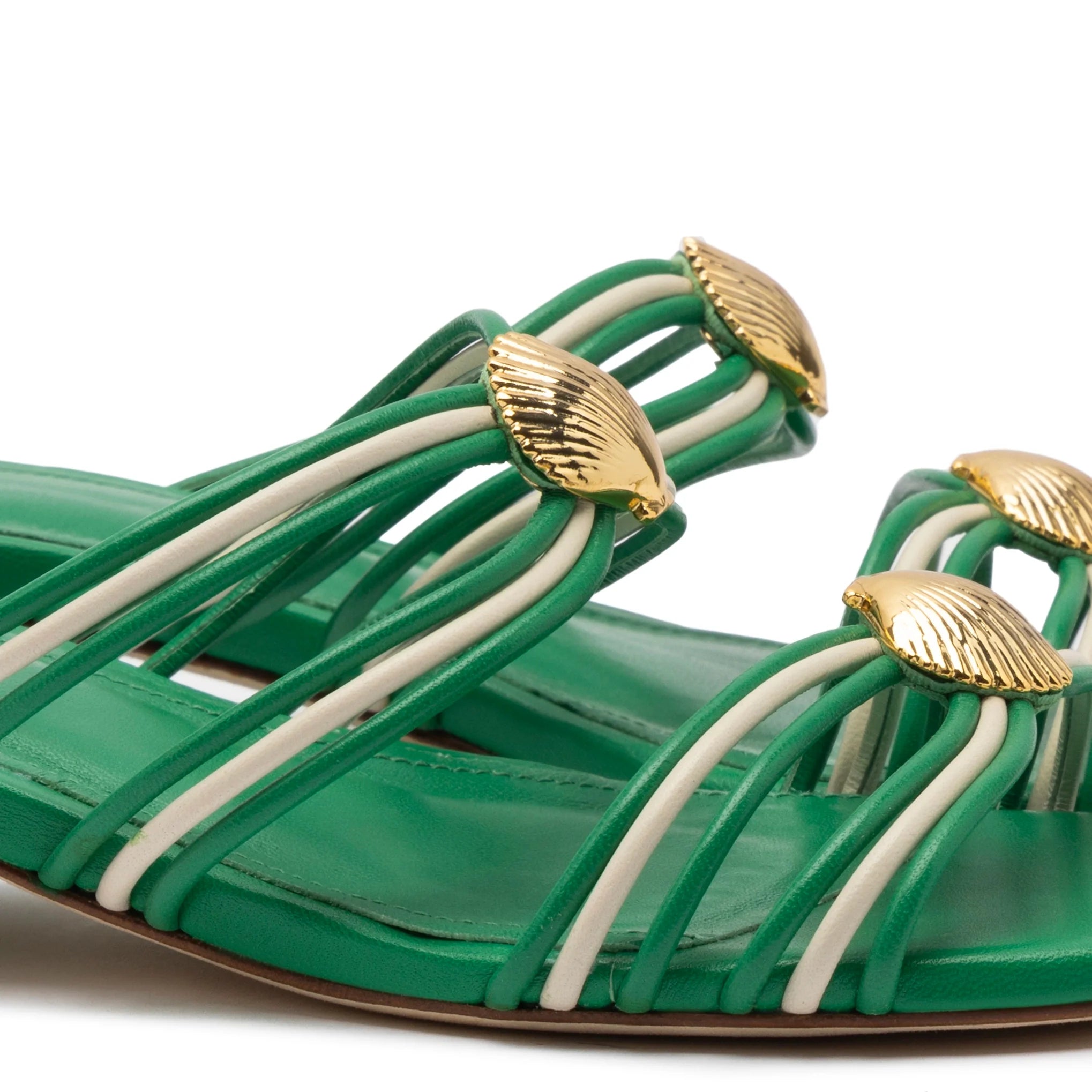 Shelly Flat Mule In Evergreen and Ivory Leather by Larroudé