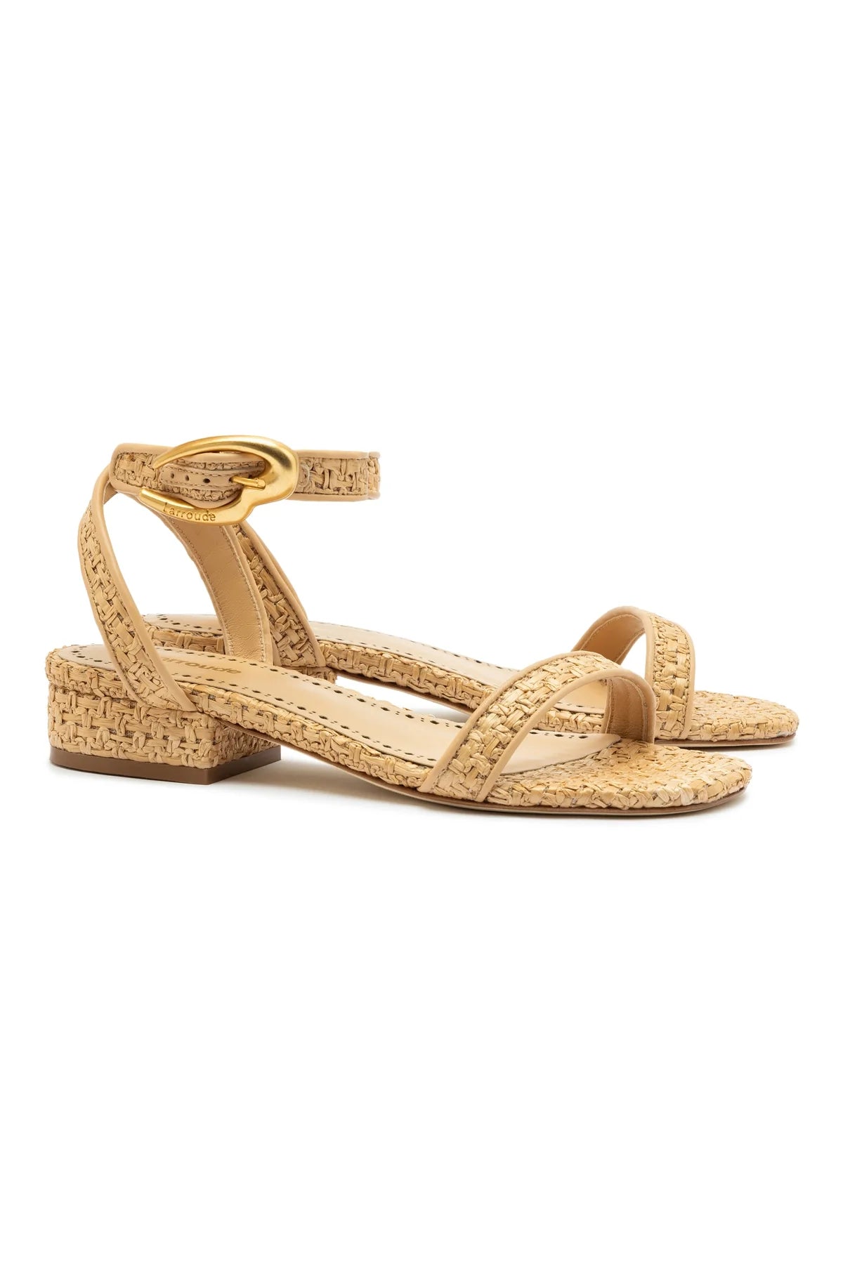 Verona Flat Sandal In Beige Leather and Natural Raffia by Larroudé