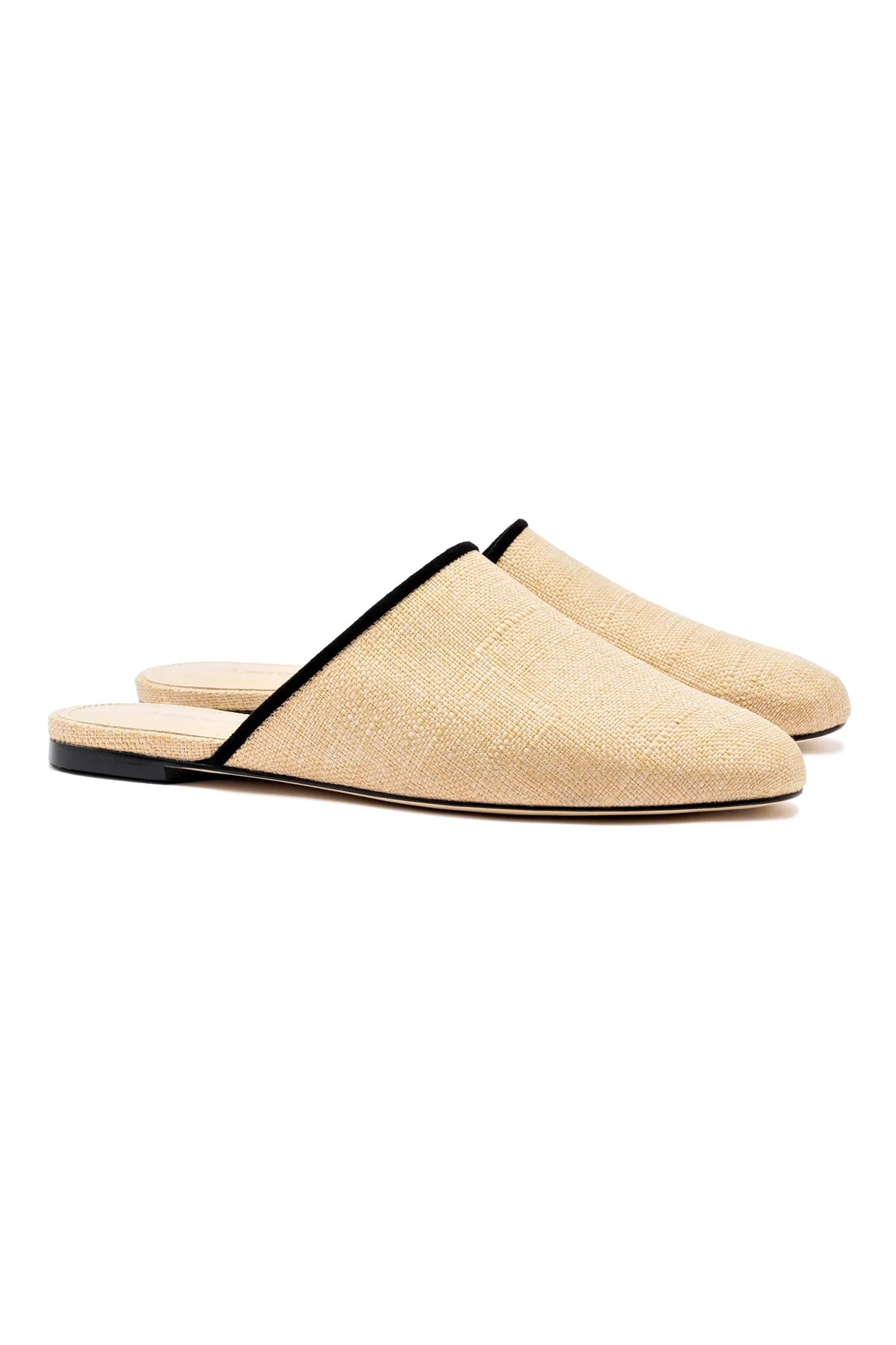 Venice Flat Mule In Beige Raffia and Black Trimming by Larroude