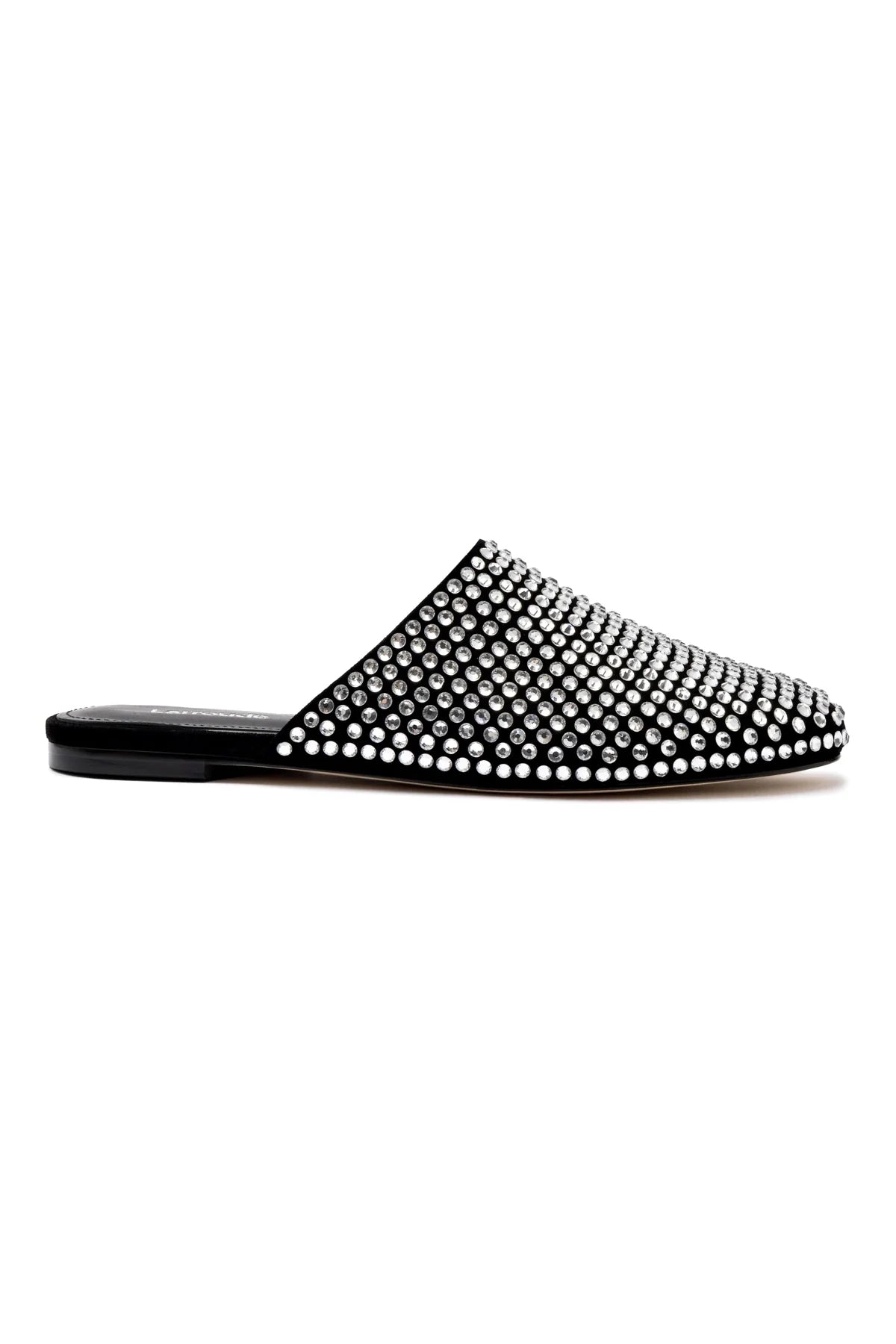 Venice Flat Mule Crystal In Black Suede by Larroudé