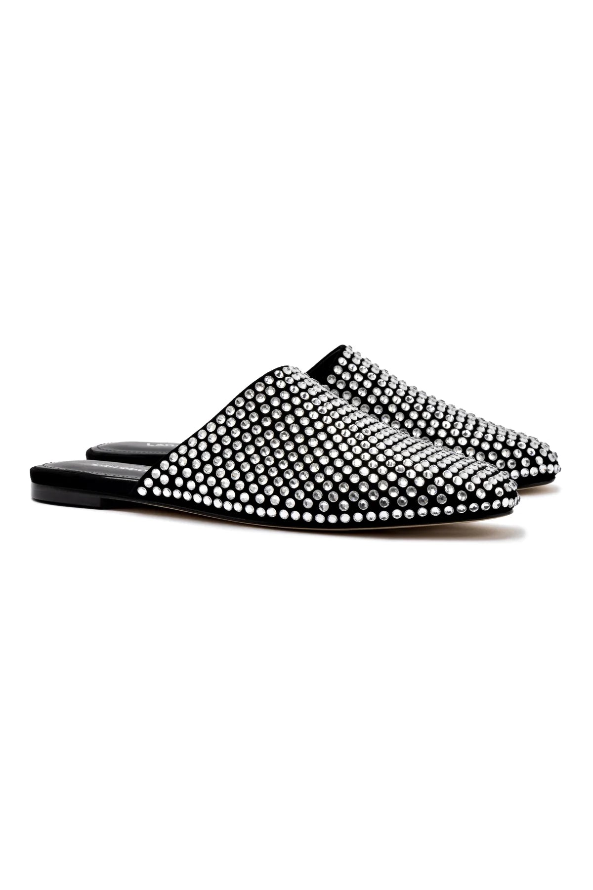 Venice Flat Mule Crystal In Black Suede by Larroudé