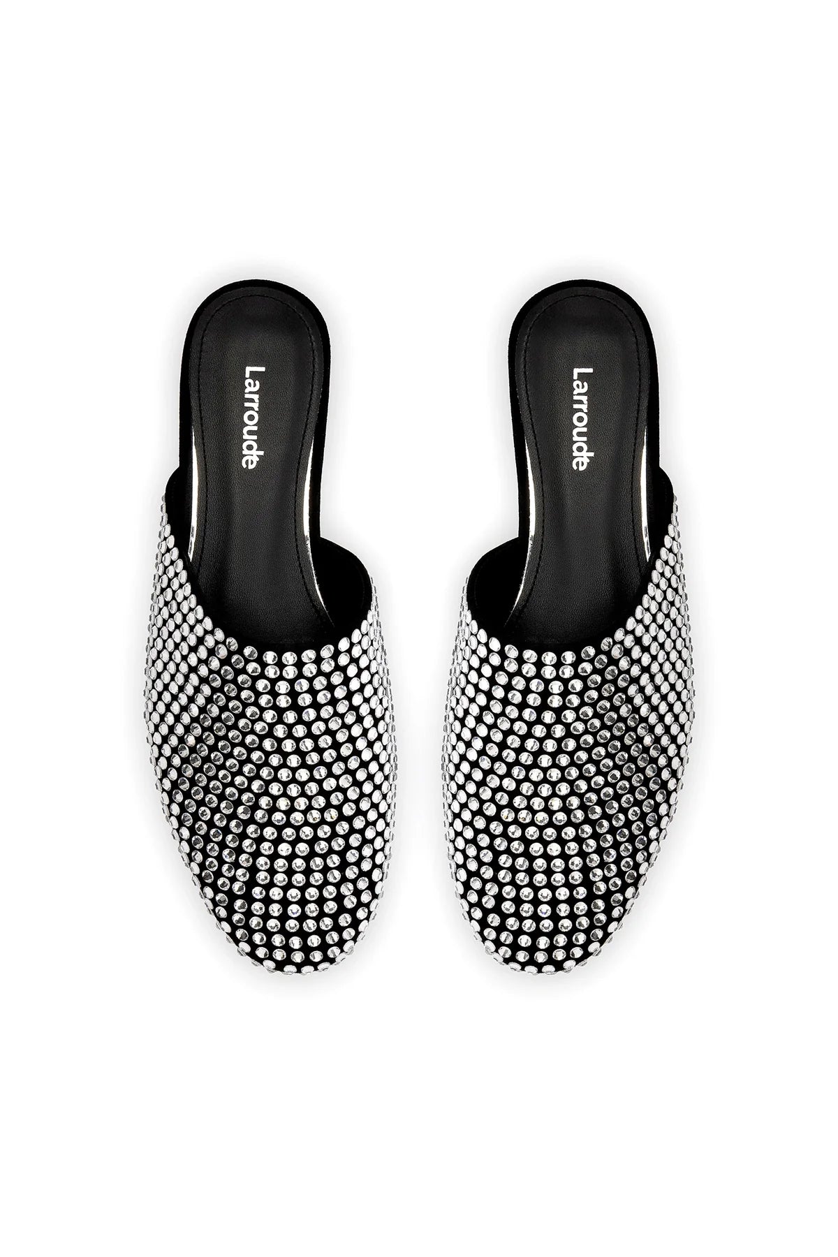 Venice Flat Mule Crystal In Black Suede by Larroudé
