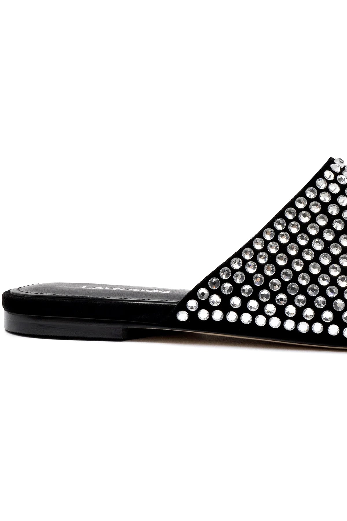 Venice Flat Mule Crystal In Black Suede by Larroudé