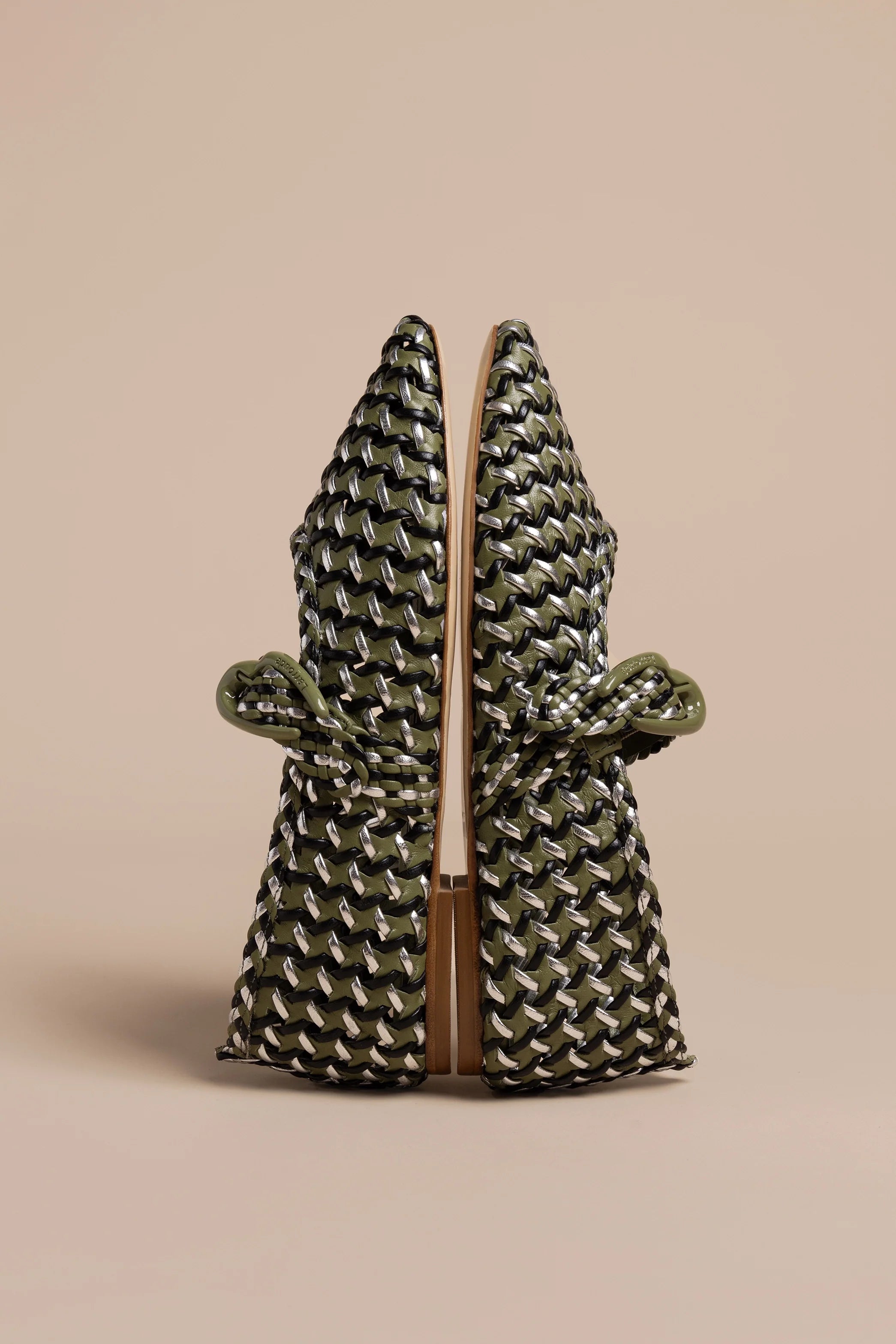 Verona Macrame Ballet Flat In Seaweed, Black and Silver Metallic Leather by Larroudé