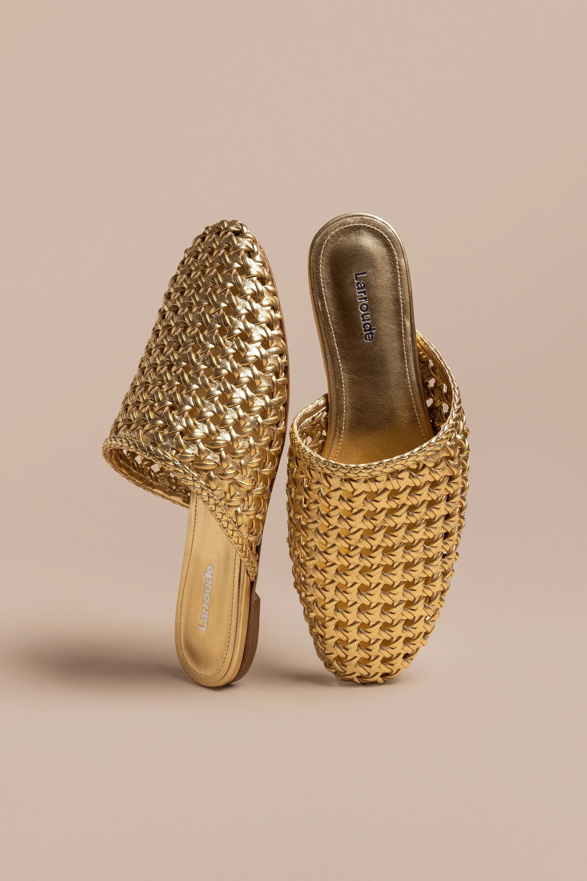 Venice Macrame Flat Mule In Gold Metallic Leather by Larroudé