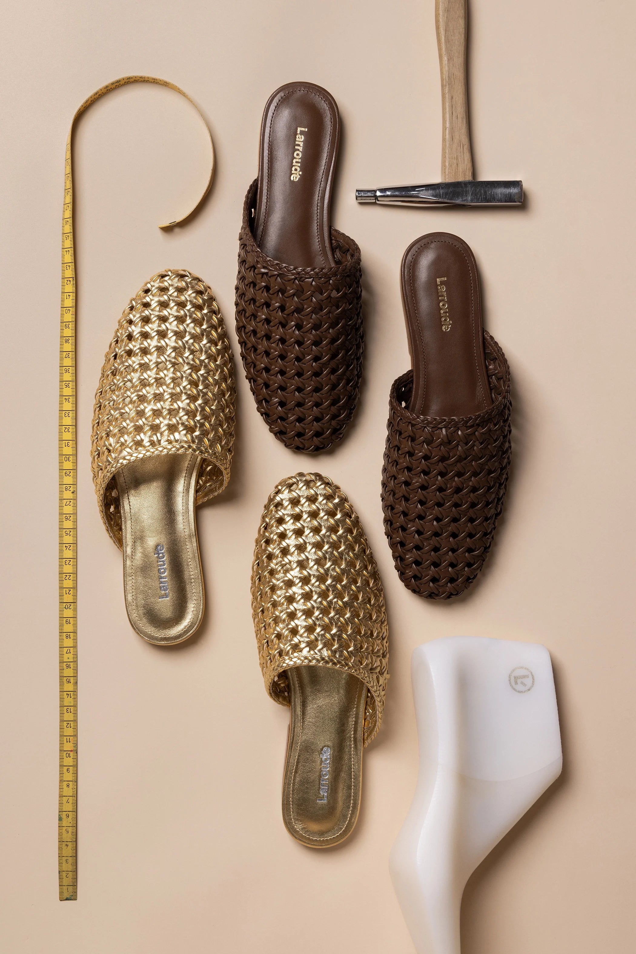 Venice Macrame Flat Mule In Gold Metallic Leather by Larroudé