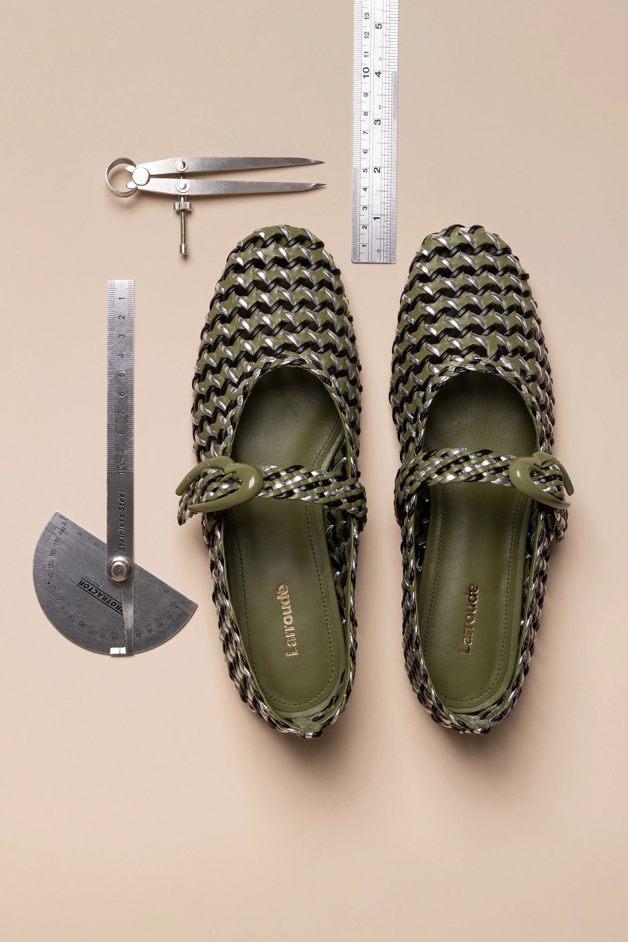 Verona Macrame Ballet Flat In Seaweed, Black and Silver Metallic Leather by Larroudé