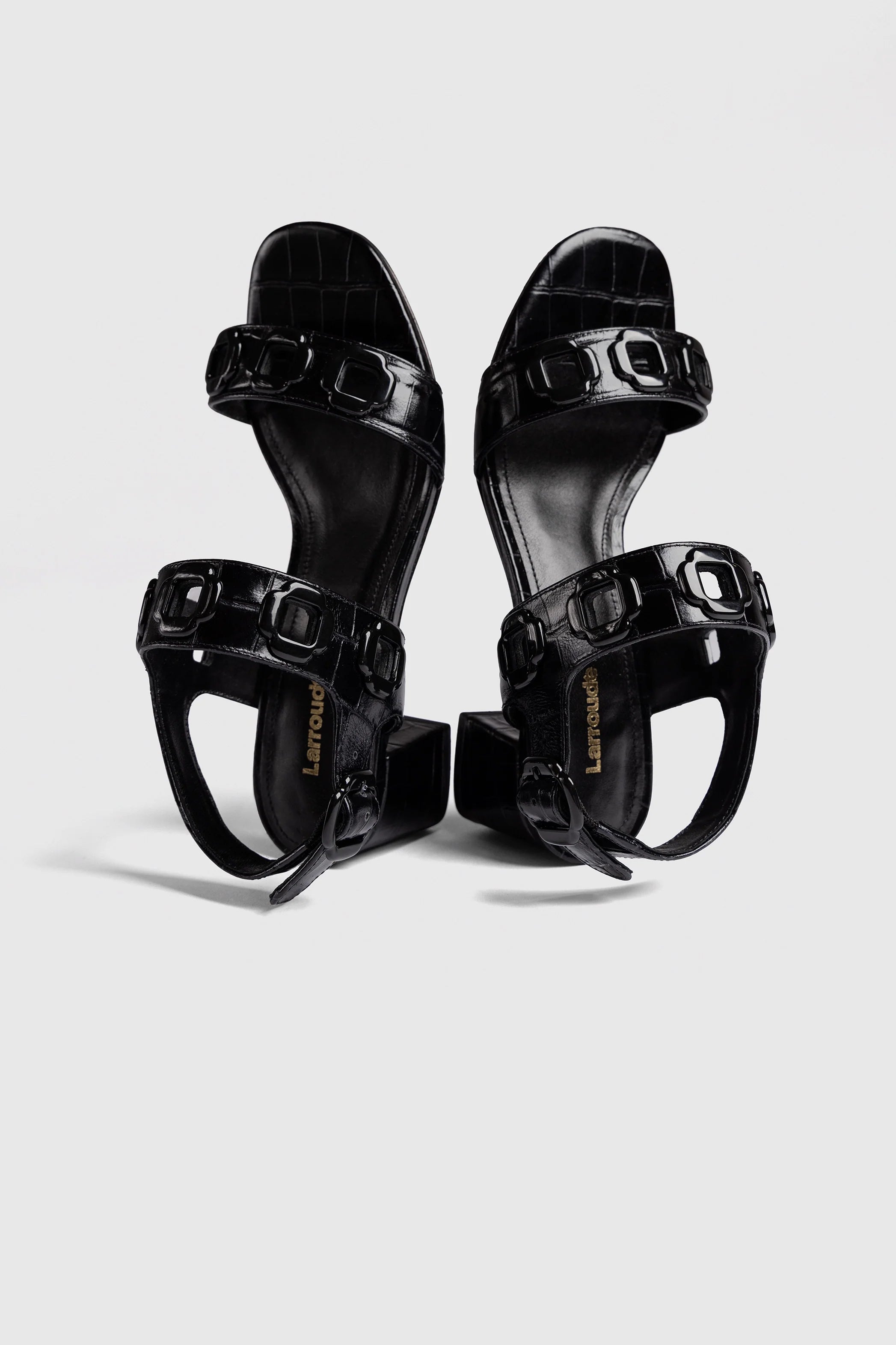 Milan Block Sandal In Black Croc Printed Leather by Larroudé