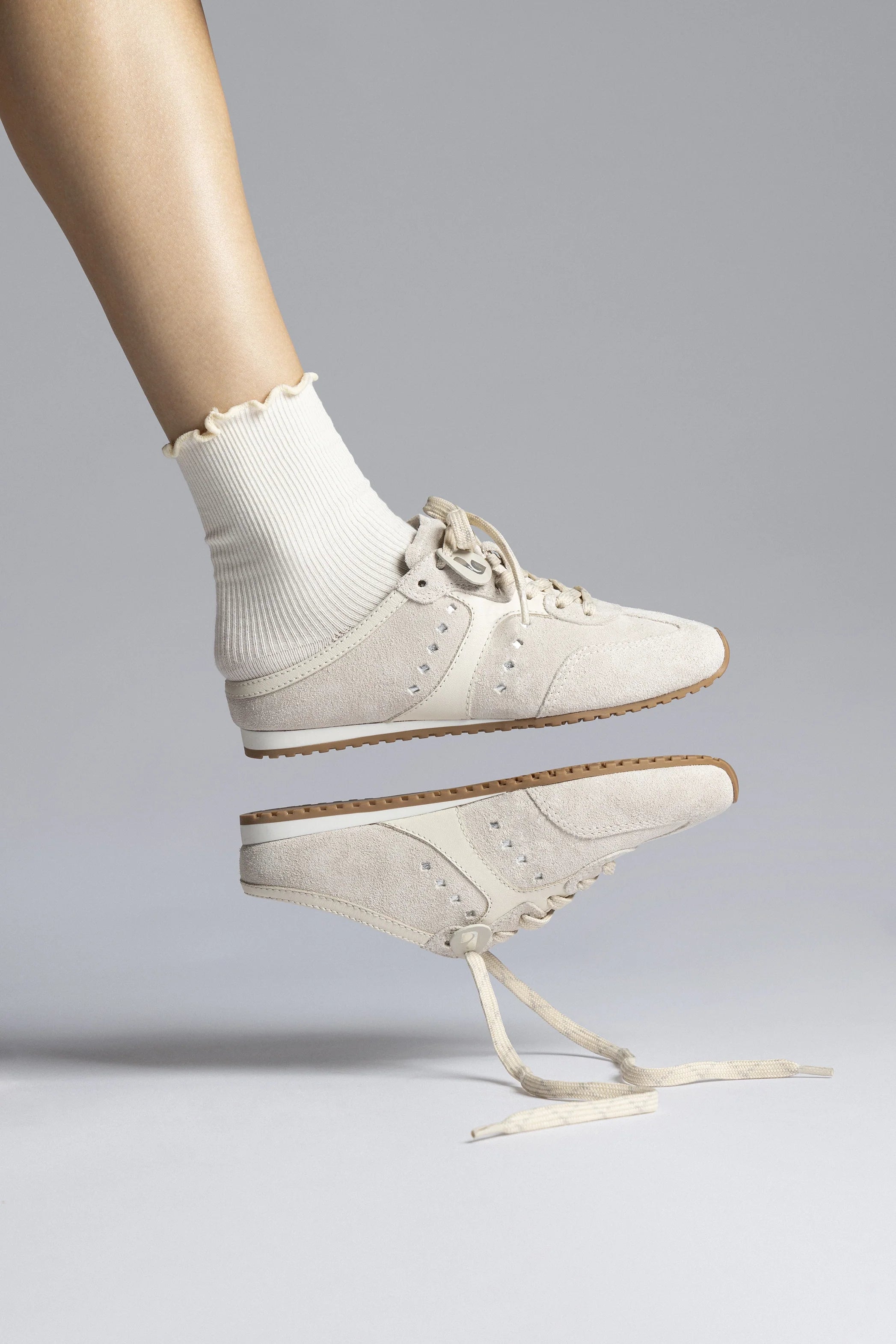 Stella Mule In Mushroom Grey Suede and Ivory Leather by Larroudé