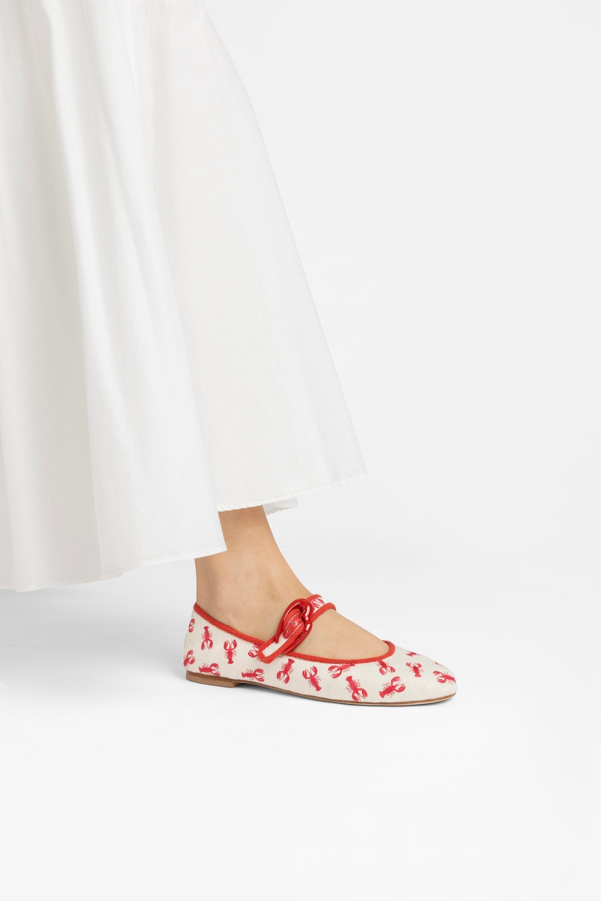 Verona Ballet Flat In White Striped Fabric and Lobster Embroidery by Larroudé