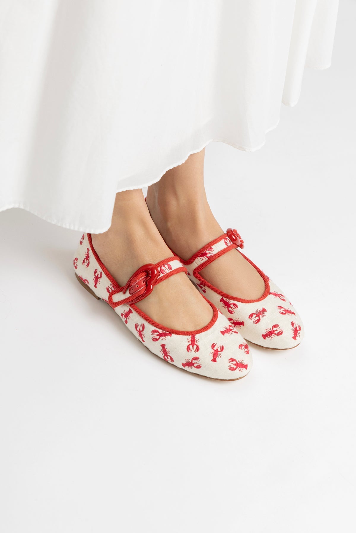 Verona Ballet Flat In White Striped Fabric and Lobster Embroidery by Larroudé