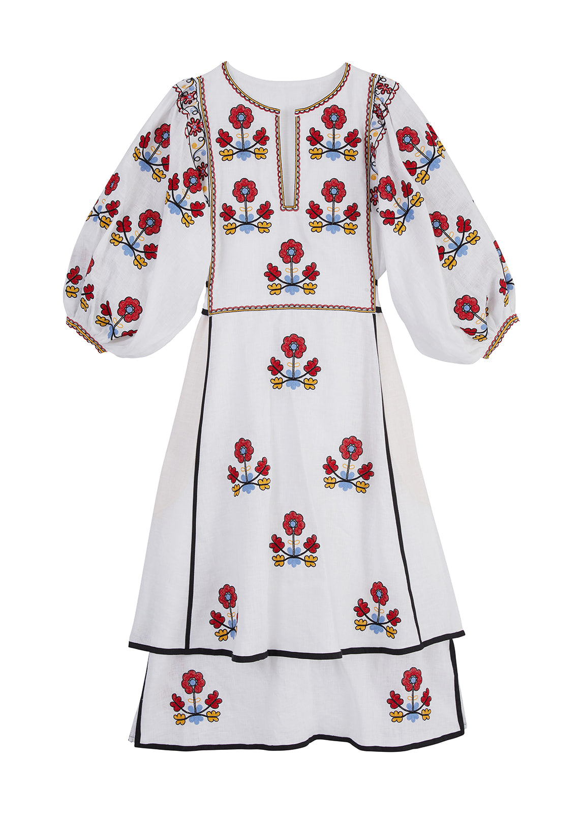 Iryna Embroidered Ukrainian Dress - White, Red, Yellow, Blue by Larkin Lane