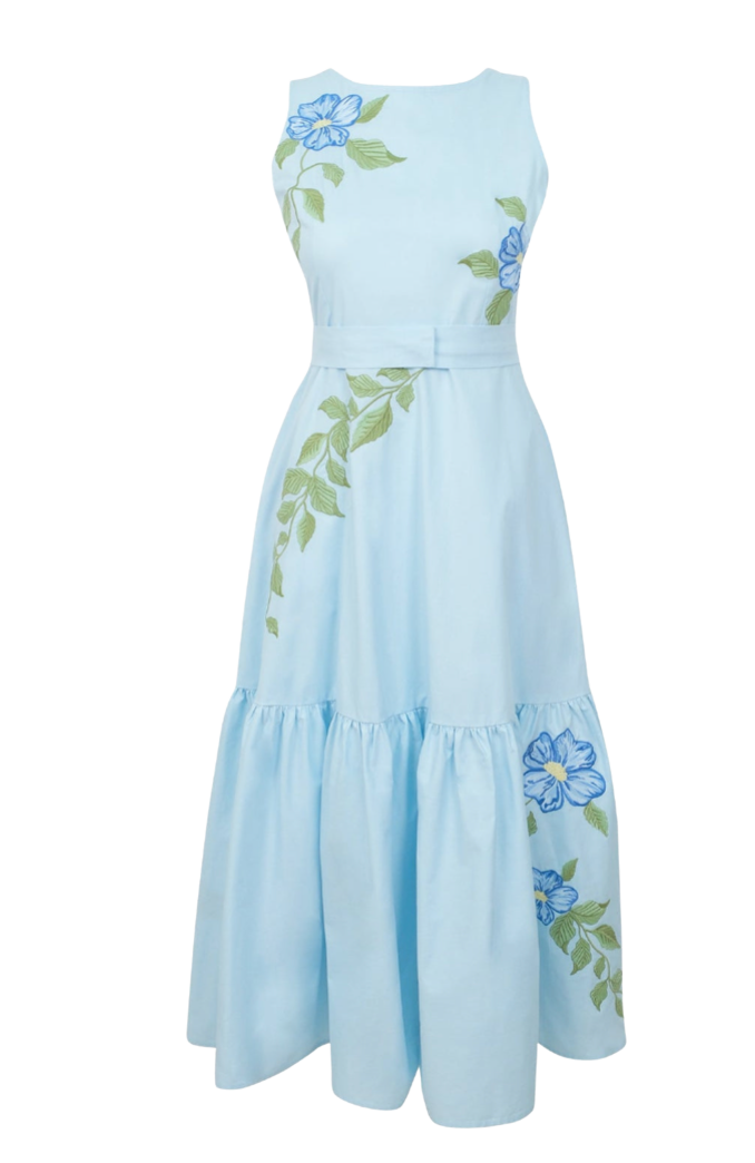 Light blue dress with floral embroidery on a white background