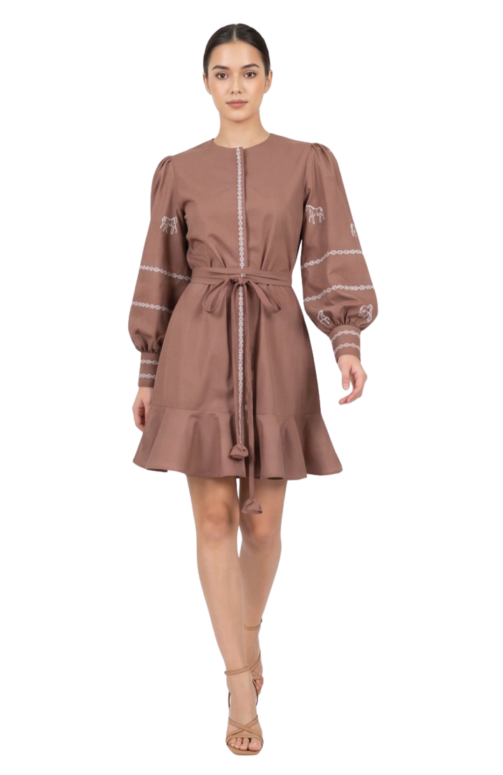 A woman modeling a brown mini dress with puff sleeves, white embroidered details, and a matching fabric tie belt at the waist, set against a plain white studio background.