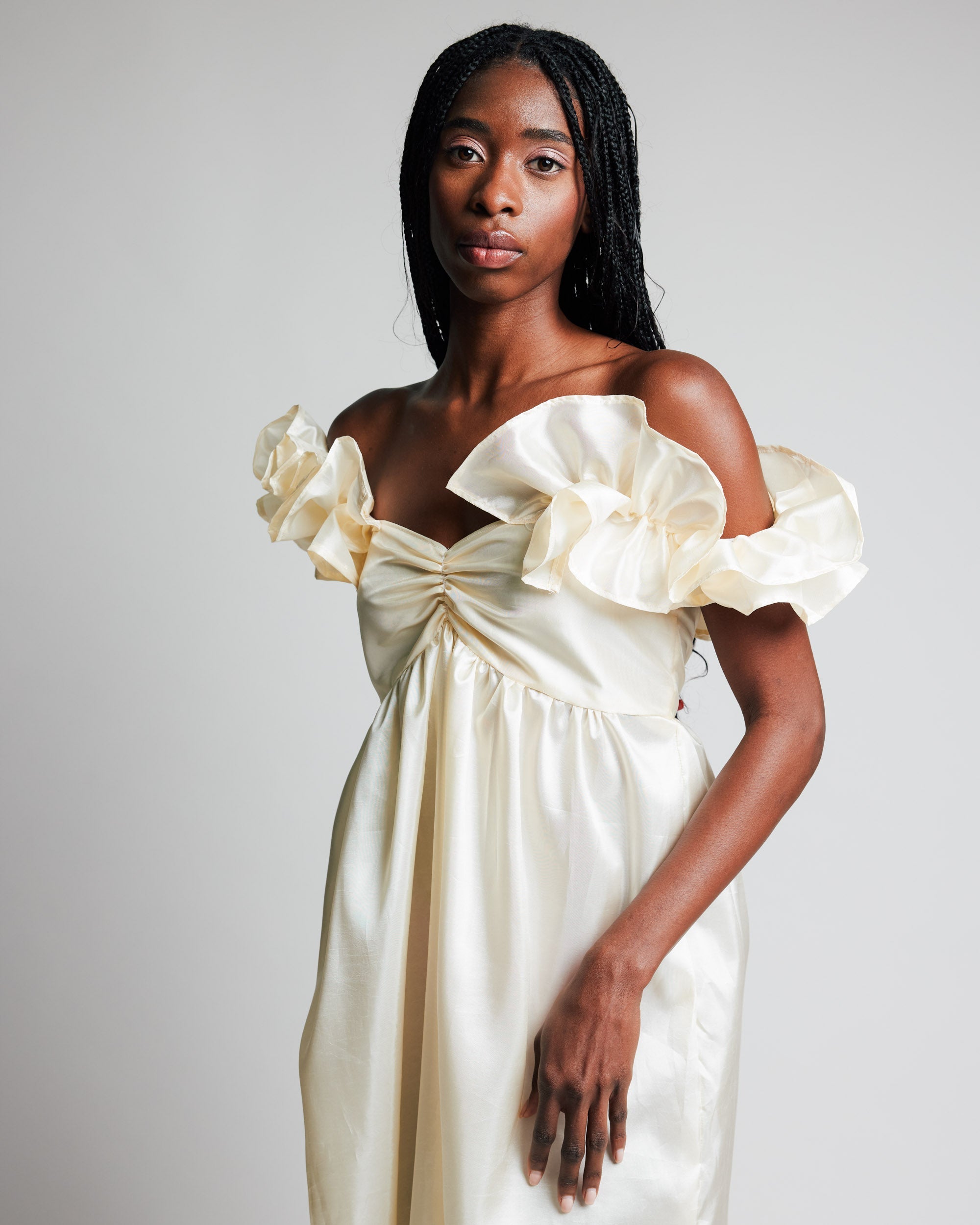 Cream Taffeta Gown with Juliette Sleeves by Madeline Marie