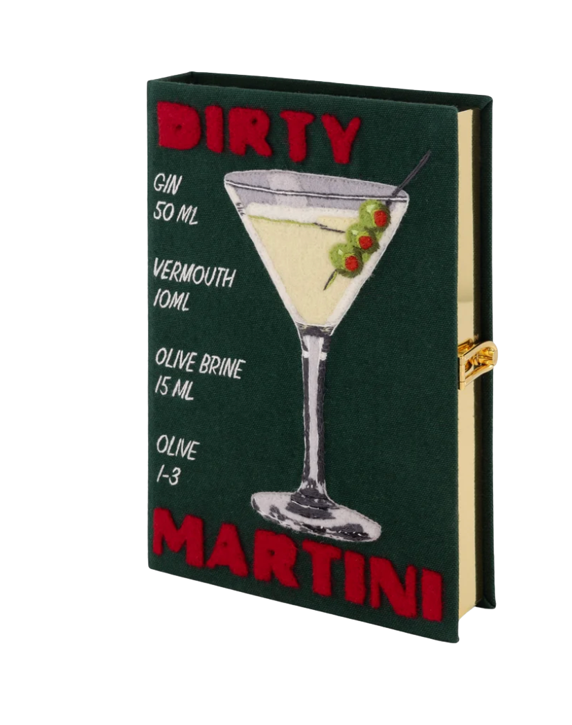 A dark green hardcover notebook or journal featuring a vintage-style martini recipe cover design with red and white text and an illustration of a martini glass, shown on a plain white background.
