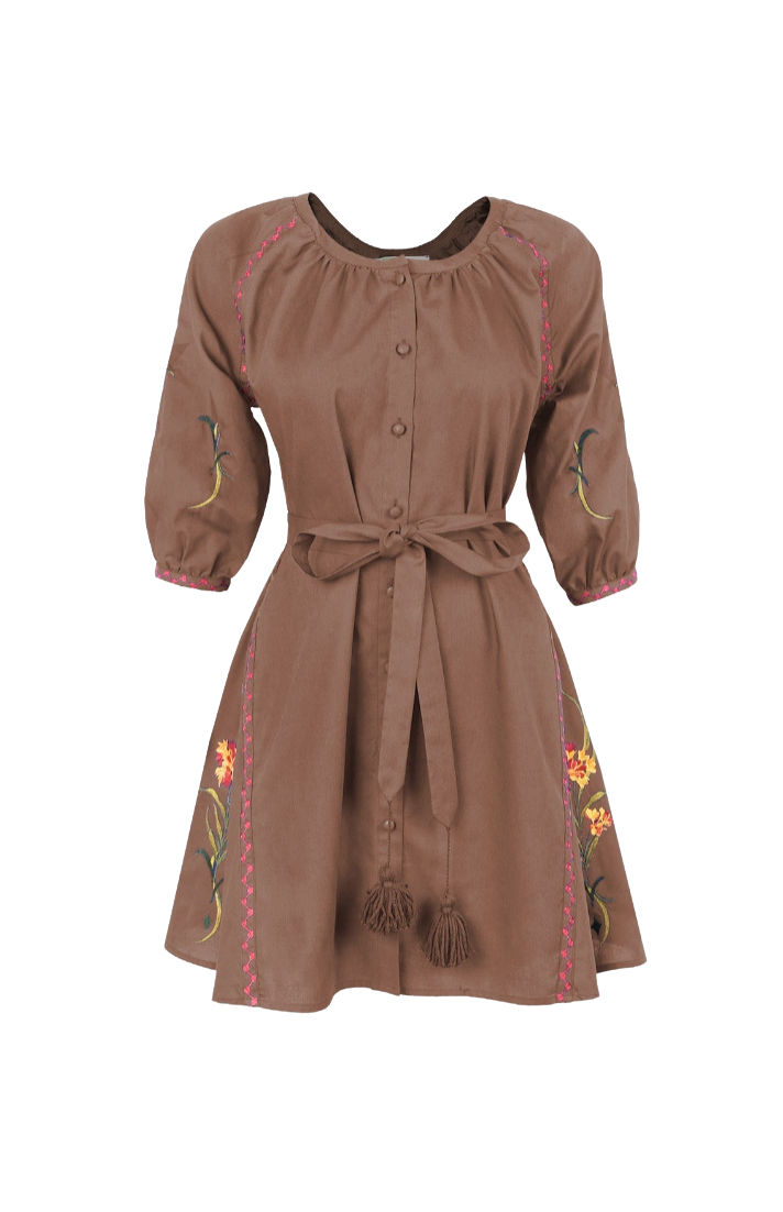 A brown long-sleeve dress with a tie waist, button front, and colorful floral embroidery, shown against a plain white background.