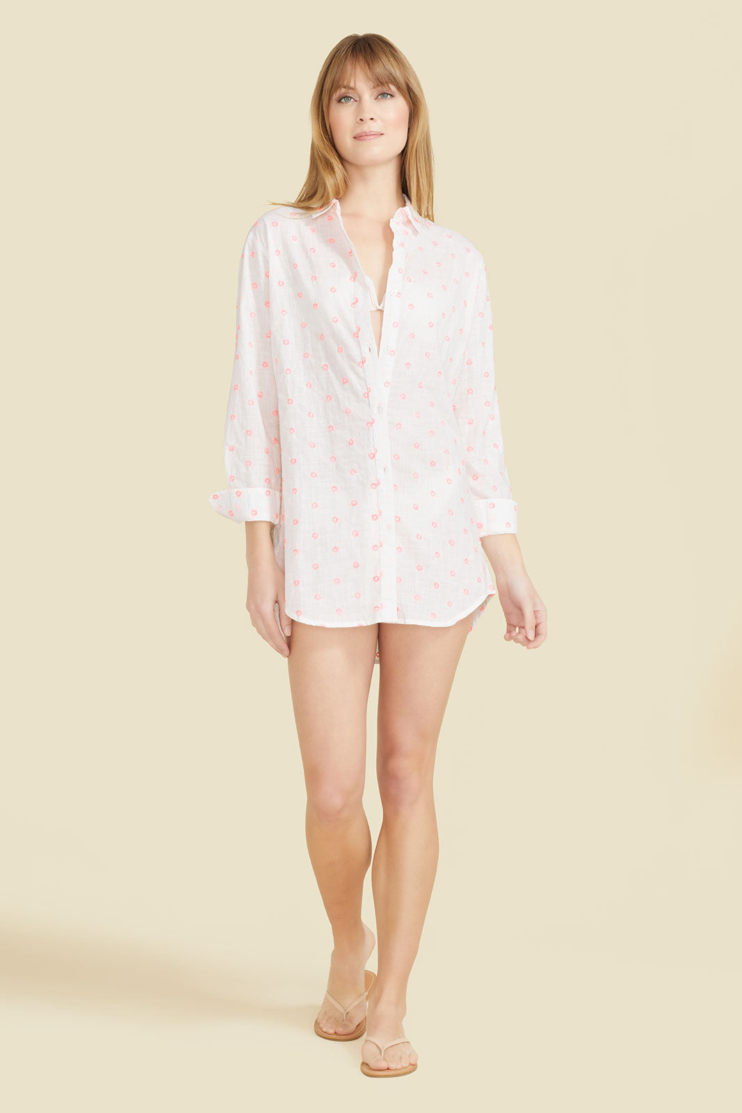 Primavera Shirt Dress - White with Pink Flowers by Sitano