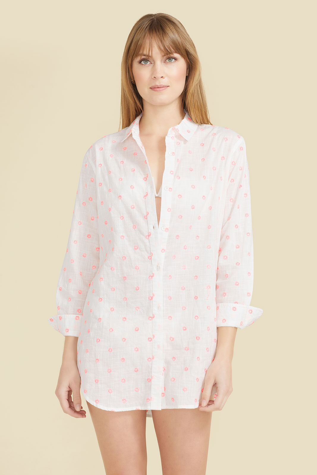 Primavera Shirt Dress - White with Pink Flowers by Sitano