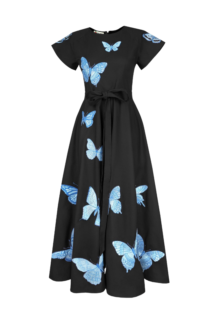 A black A-line maxi dress with short flutter sleeves, a self-tie waist belt, and an allover print of light blue butterflies, shown against a plain white background.