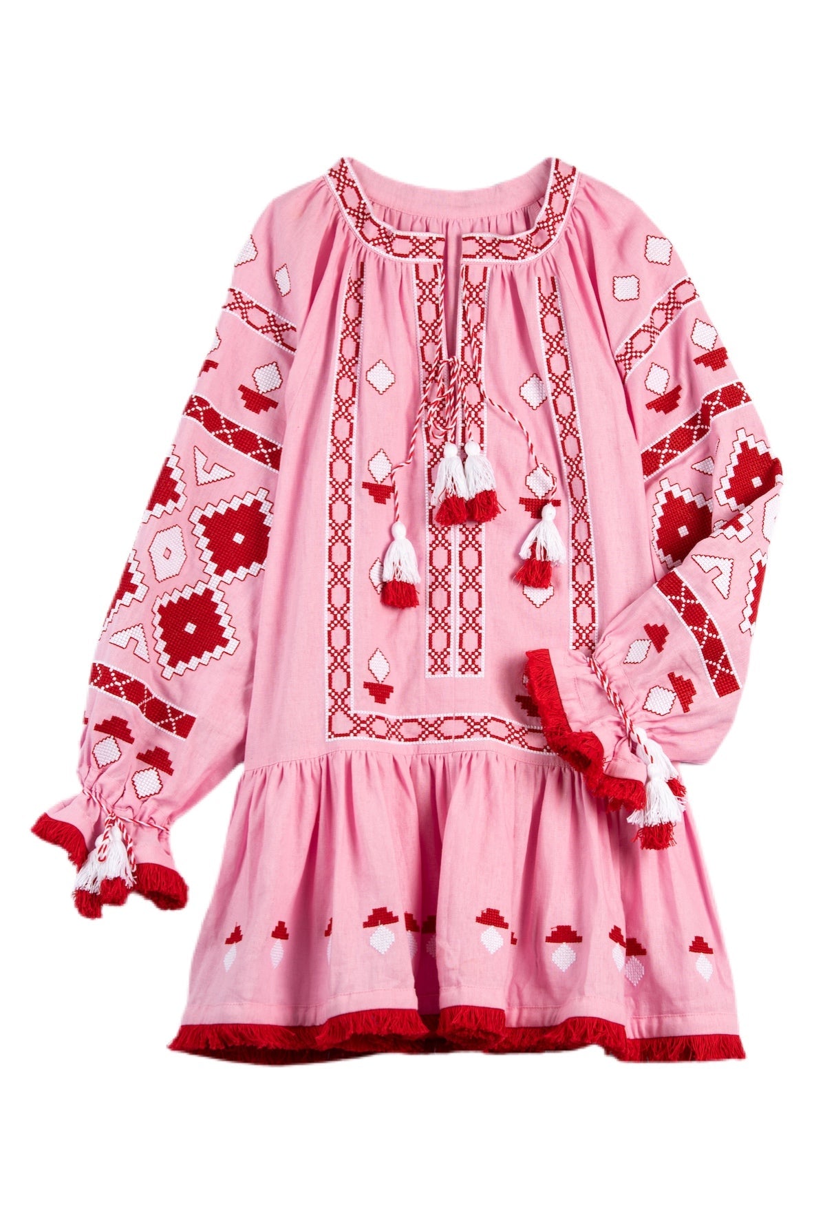 Nomeda Embroidered Ukrainian Dress - Pink, Red by Larkin Lane