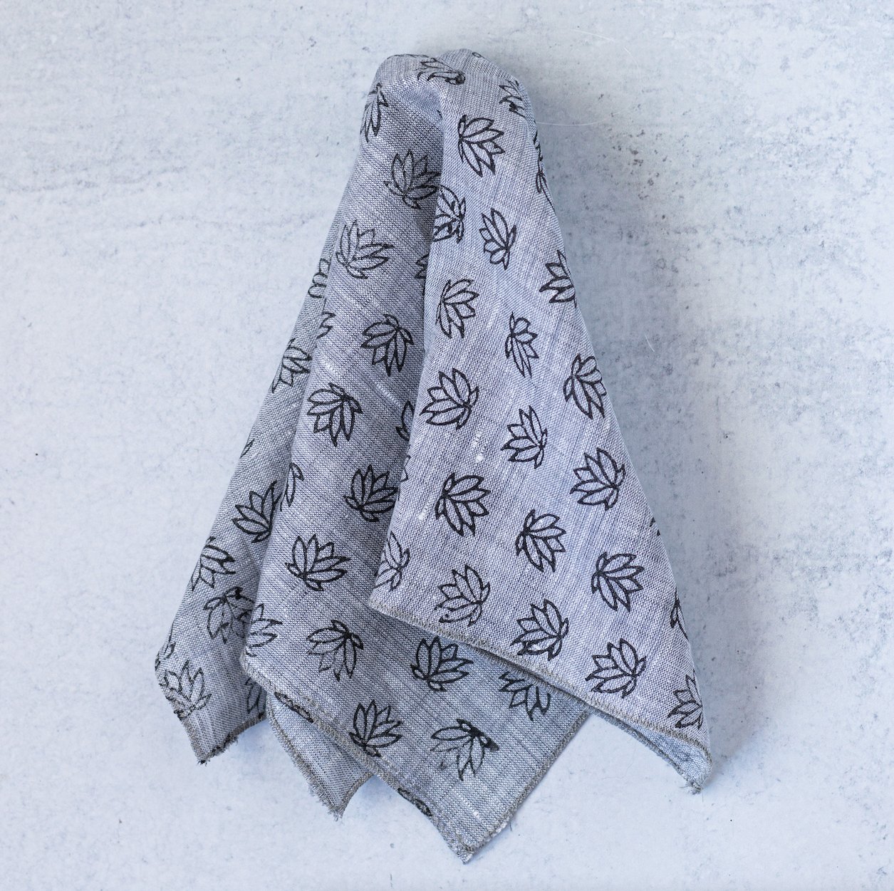 Pocket Square - Gray Linen with Baby Lotus, Black by Mended
