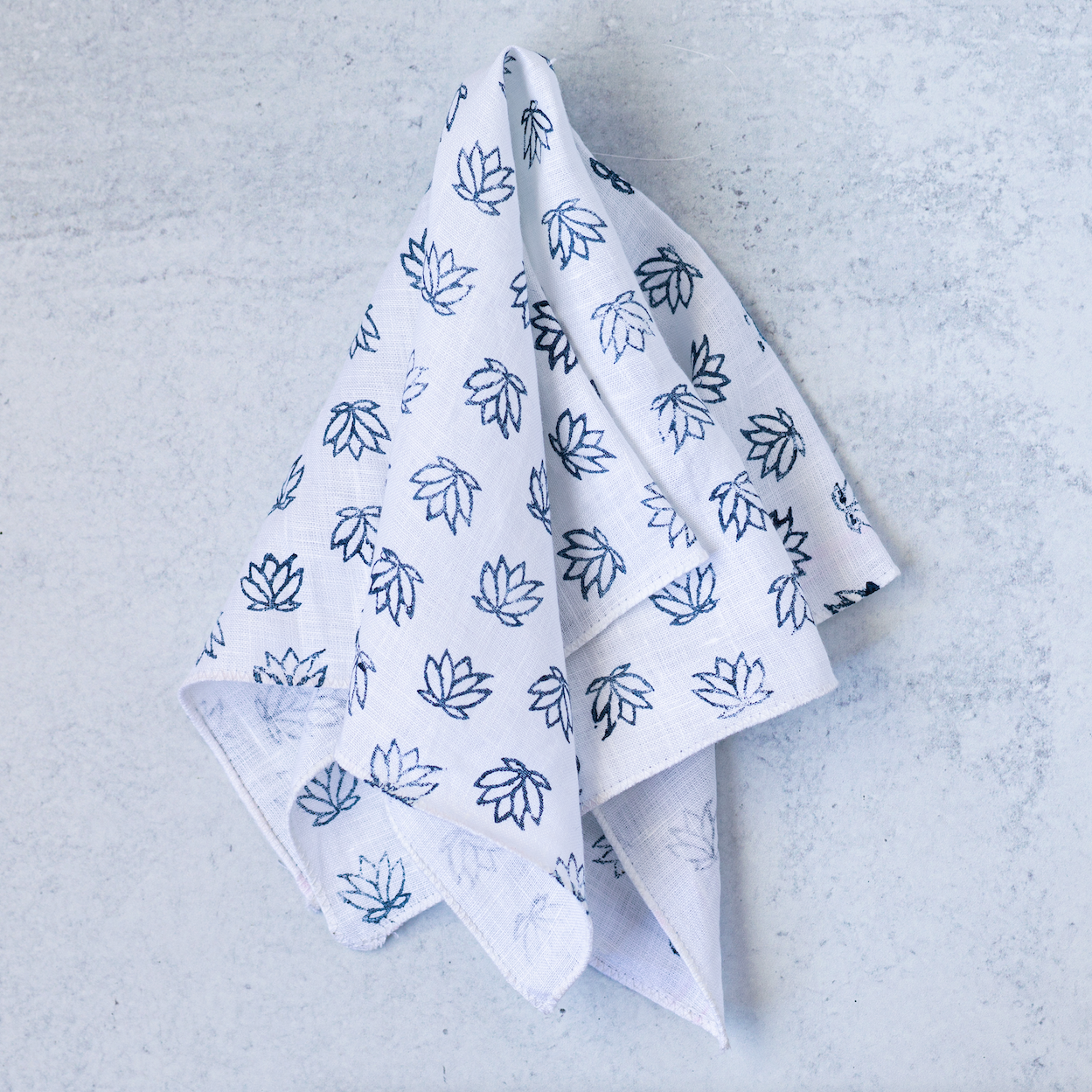 Pocket Square - White Linen with Baby Lotus, Navy by Mended