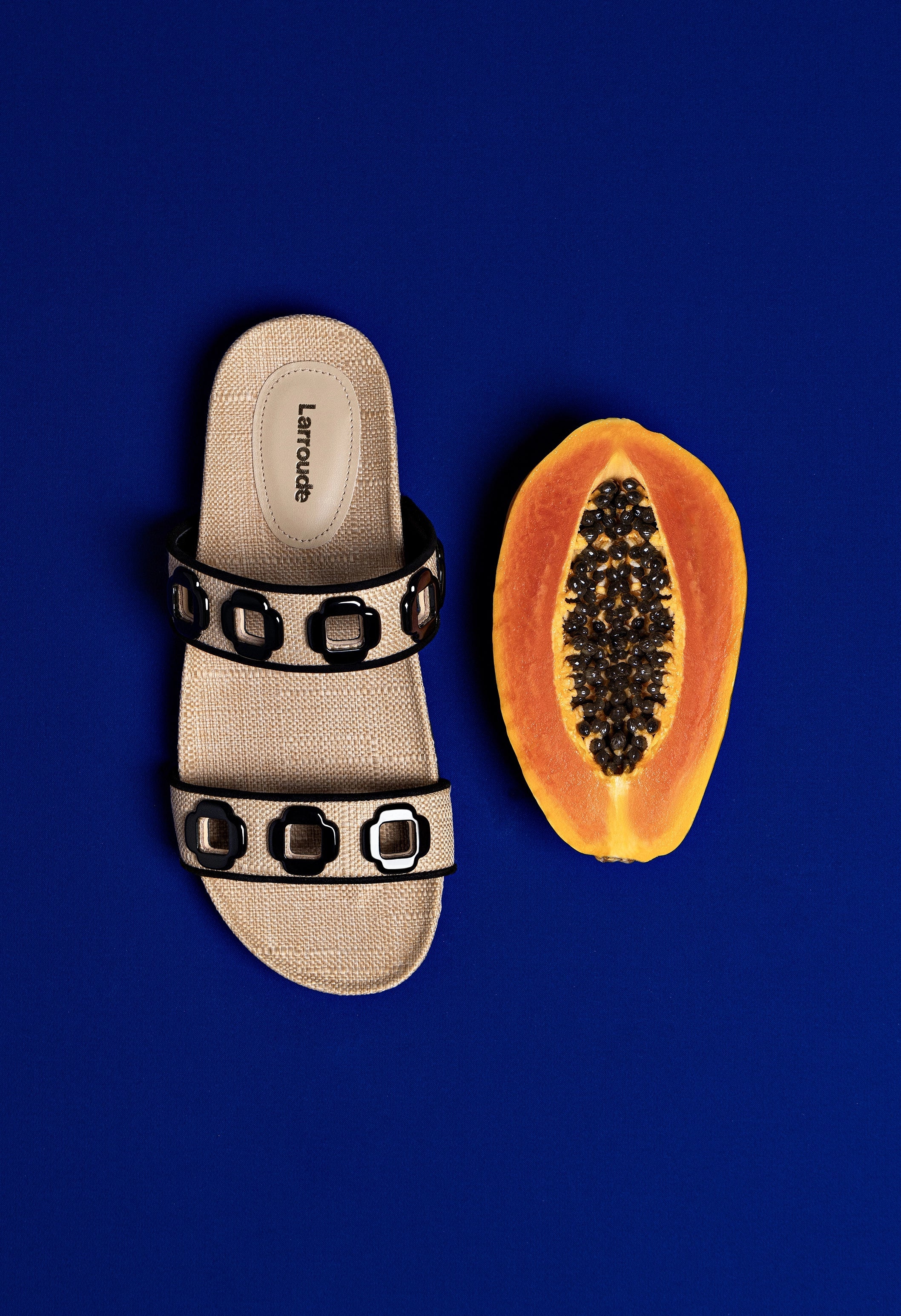 Milan Slide In Beige Raffia and Black Trimming by Larroudé