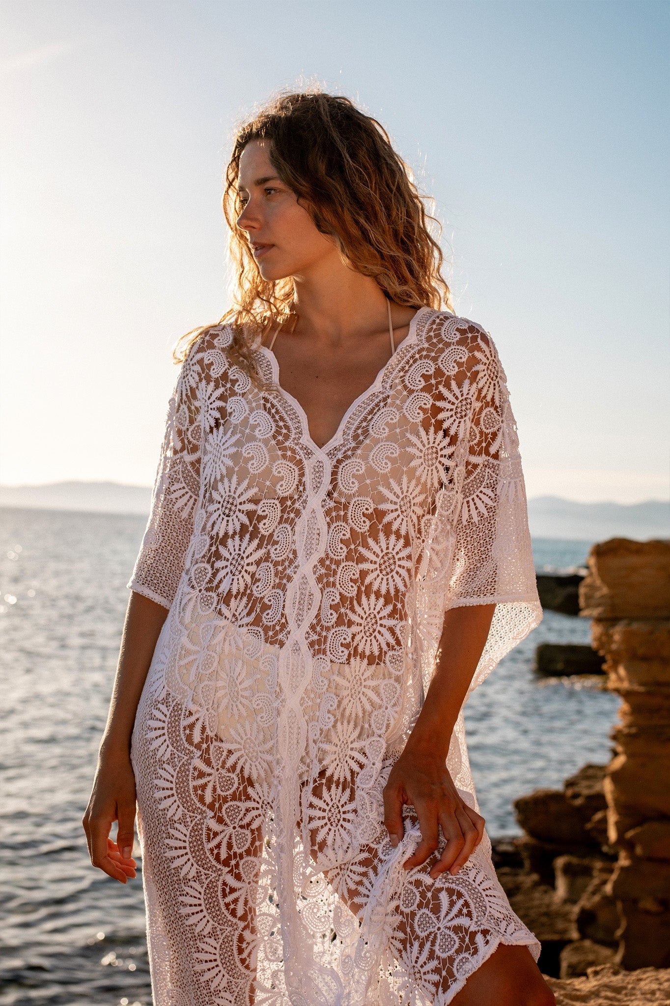 Rachel Sunflower Scallop Lace Caftan by Miguelina