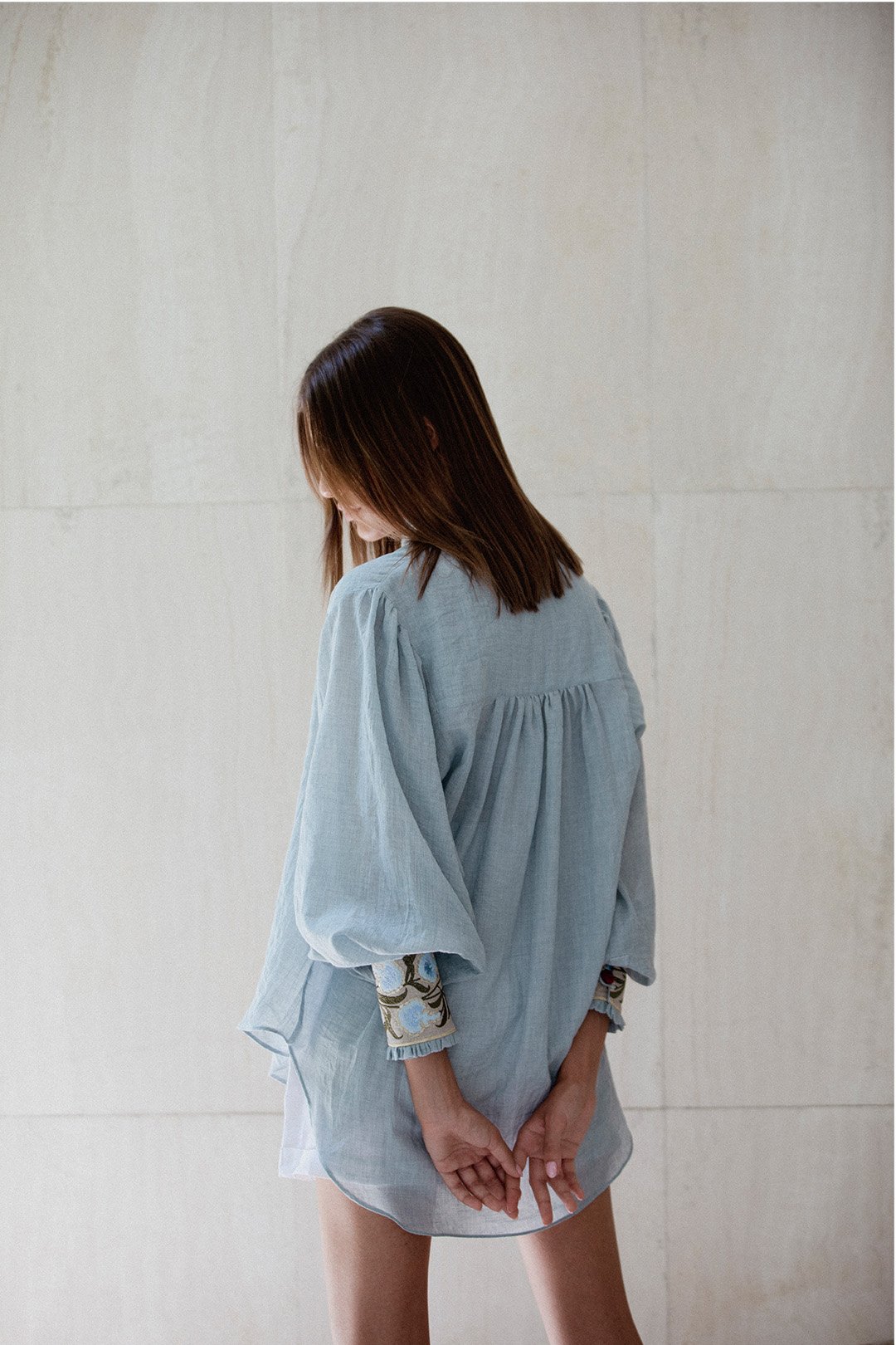 Carnation Blouse - Sky Blue & Red by Rosewater House