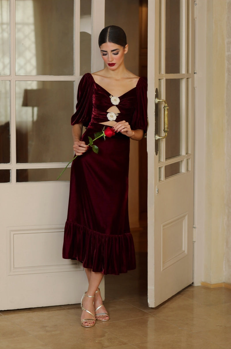 Rosa Embellished Cut Out Top - Burgundy by Rosewater House