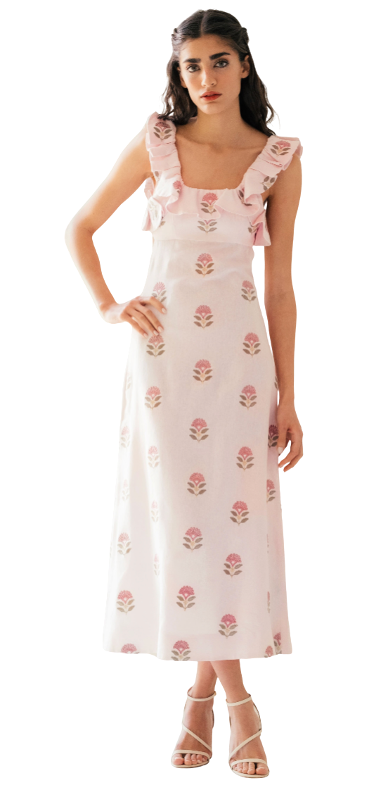 Woman wearing a floral dress on a white background