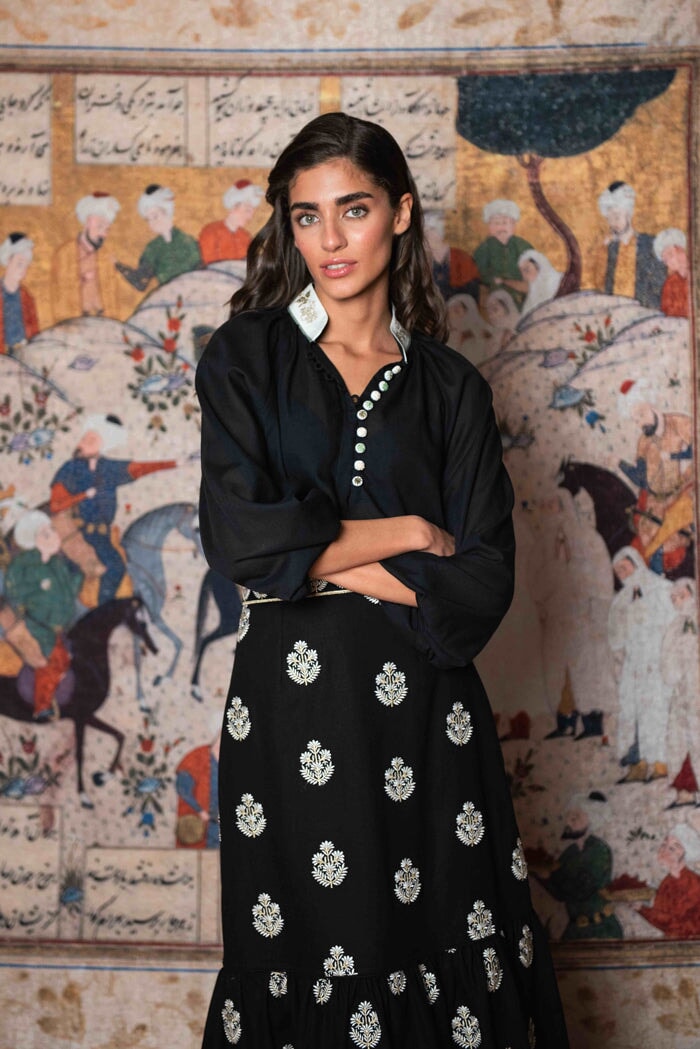 Begum Skirt- Black, White & Gold by Rosewater House