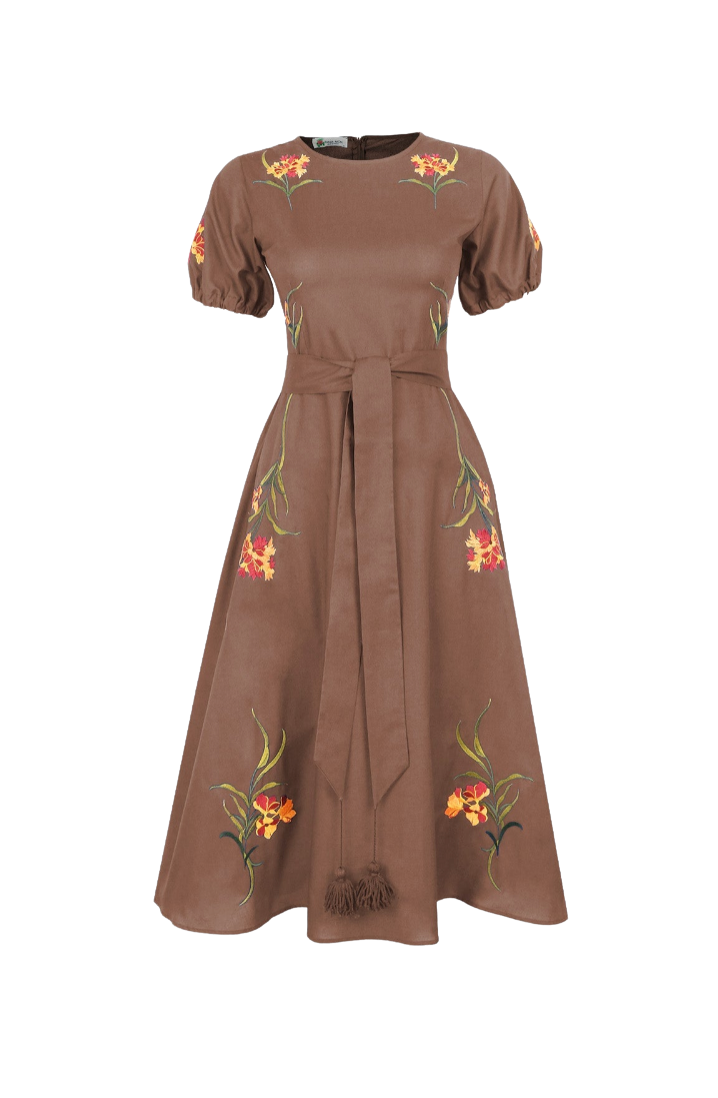 A brown midi dress with puff sleeves, a self-tie waist belt, and orange and yellow floral embroidery with green leaves, shown against a plain white background.